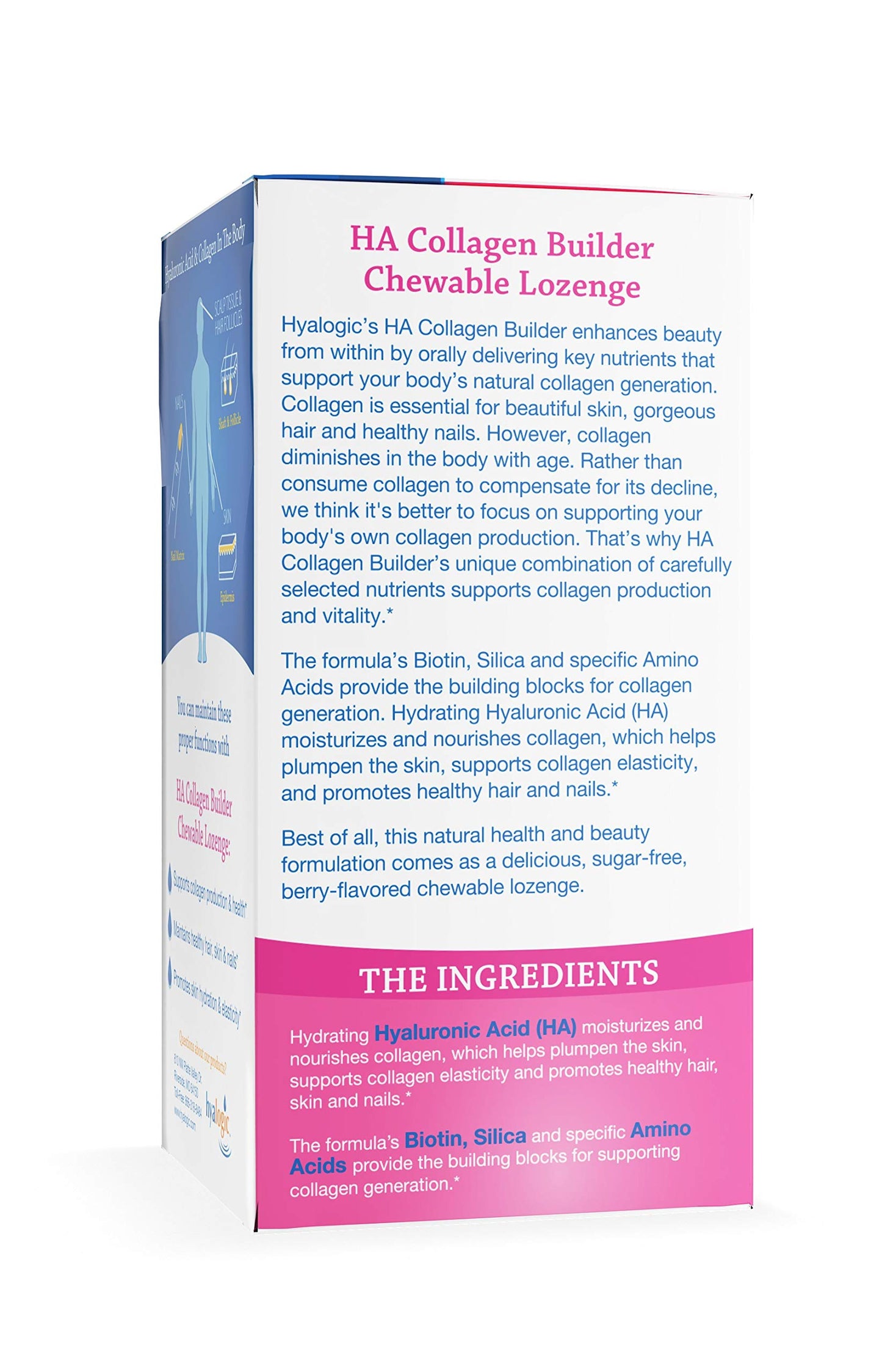 Hyalogic Hair Skin & Nails Hyaluronic Acid Collagen Builder Chewable Lozenges – Delicious Berry Flavor – 30 Count