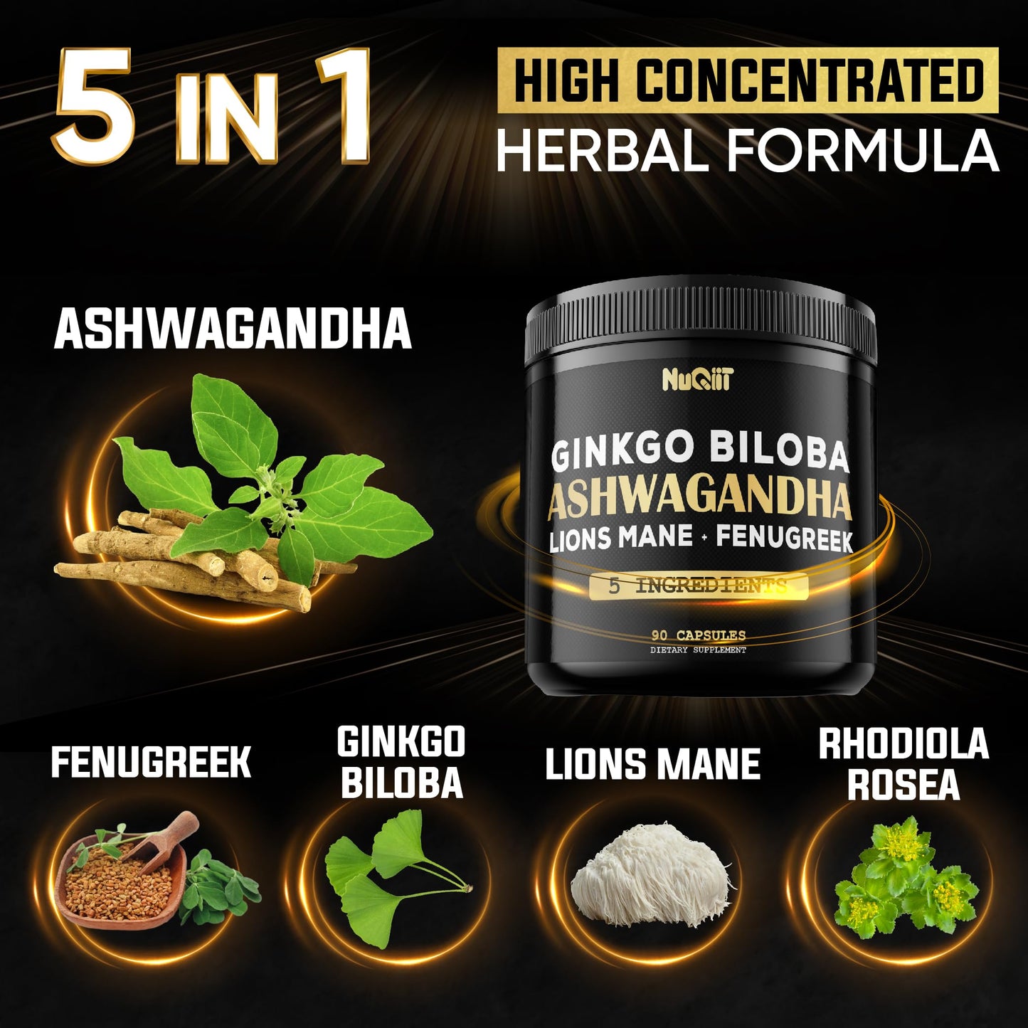 NUQIIT Ashwagandha Capsules with Fenugreek, Ginkgo Biloba, Apple Cider Vinegar & Bladderwrack – Brain Health & Immune Support, 90 Vegan Capsules
