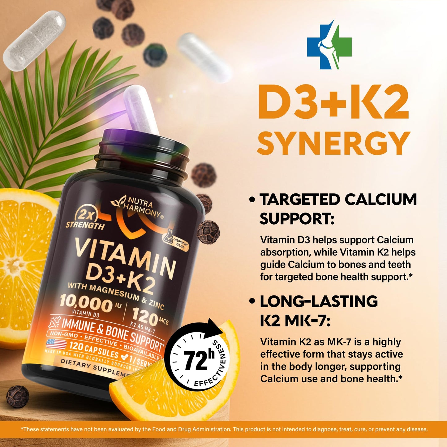 NUTRAHARMONY Vitamin D3 K2 Complex Capsule 10000 IU & K2 as MK-7 120 mcg, 120 Count