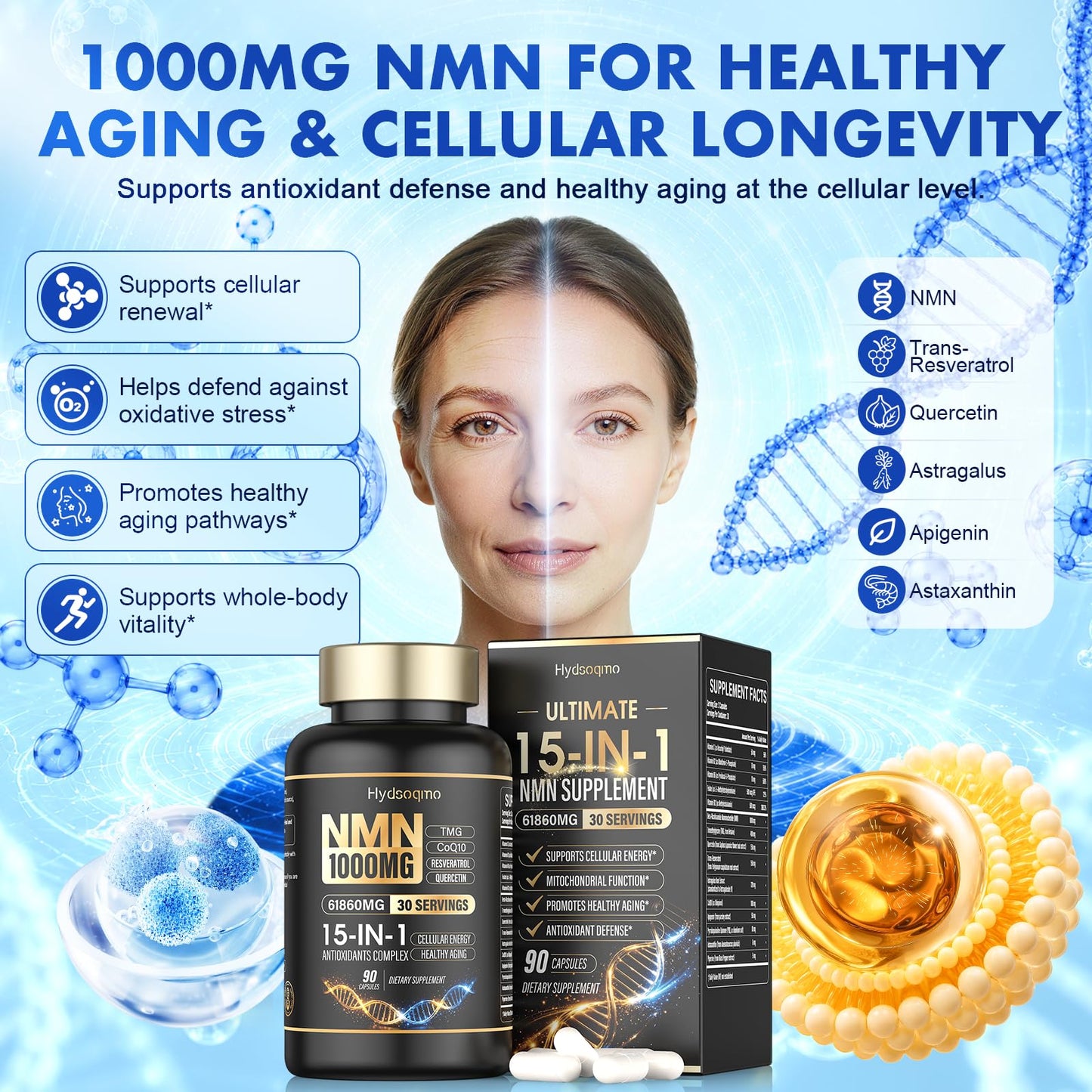Hydsoqmo NMN Supplement 1000mg Per Serving with Resveratrol, TMG, Ubiquinol CoQ10, PQQ, Quercetin, Astragalus – NAD Resveratrol Supplement for Cellular Energy & Healthy Aging – NAD+ Supplement, 87 Capsules