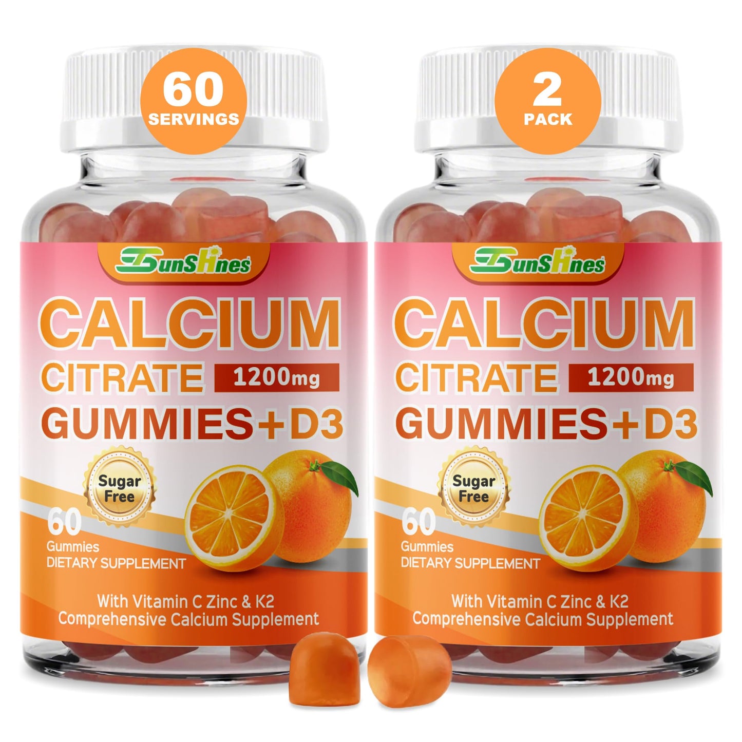 tsunshnes Calcium Citrate Gummies 1200mg with Vitamin D3, K2, Zinc and Vitamin C 5-in-1 Immune Support - Sugar Free, Non-GMO Chewable - Orange Flavor, 60 Count