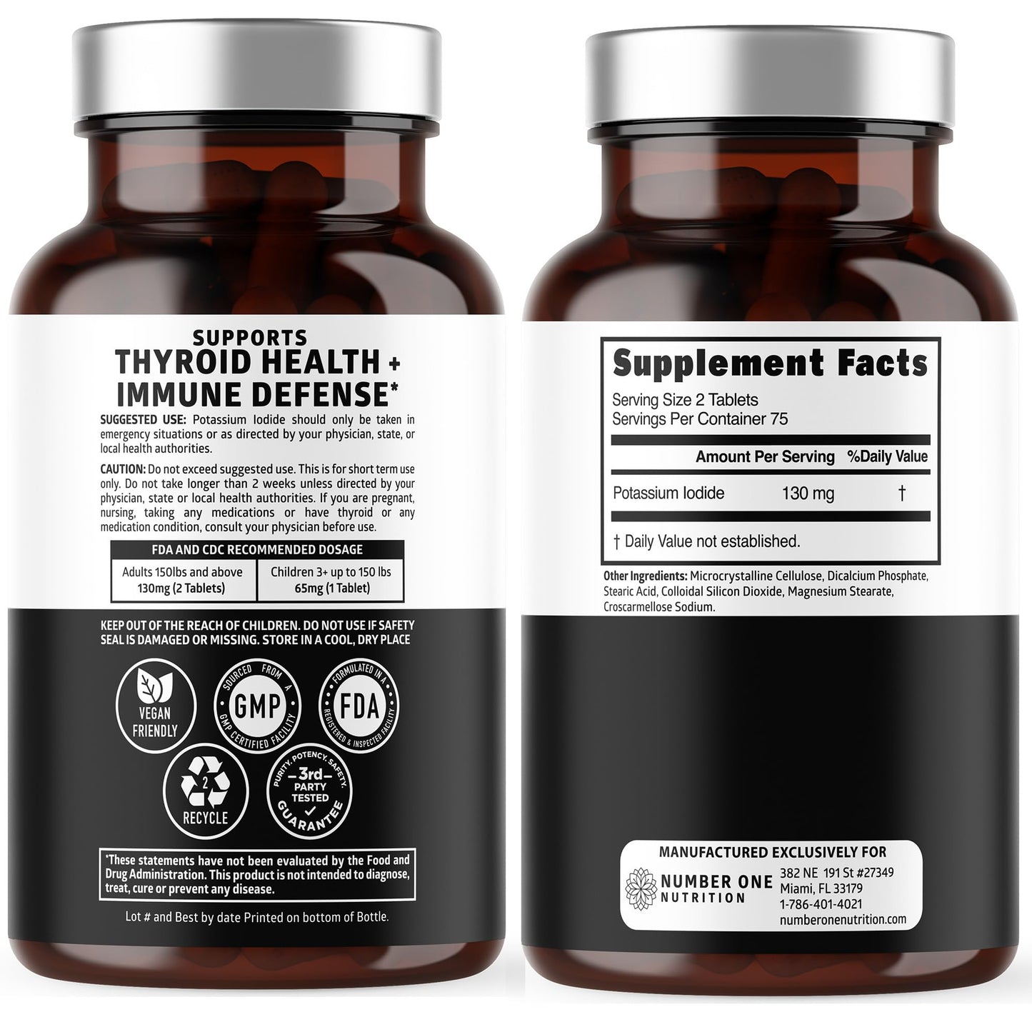 Number One Nutrition Potassium Iodide Supplement 130mg Iodine Thyroid Support Non-GMO 150 Tablets