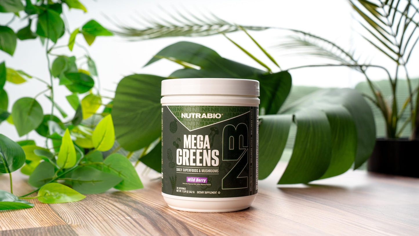 NutraBio Mega Greens Complete Daily Super Greens Powder with Alkalizing, Energy, and Metabolic Support, Digestive Enzymes, Adaptogenic Mushrooms, Immune Defense - 30 Servings - Wild Berry, 10 oz