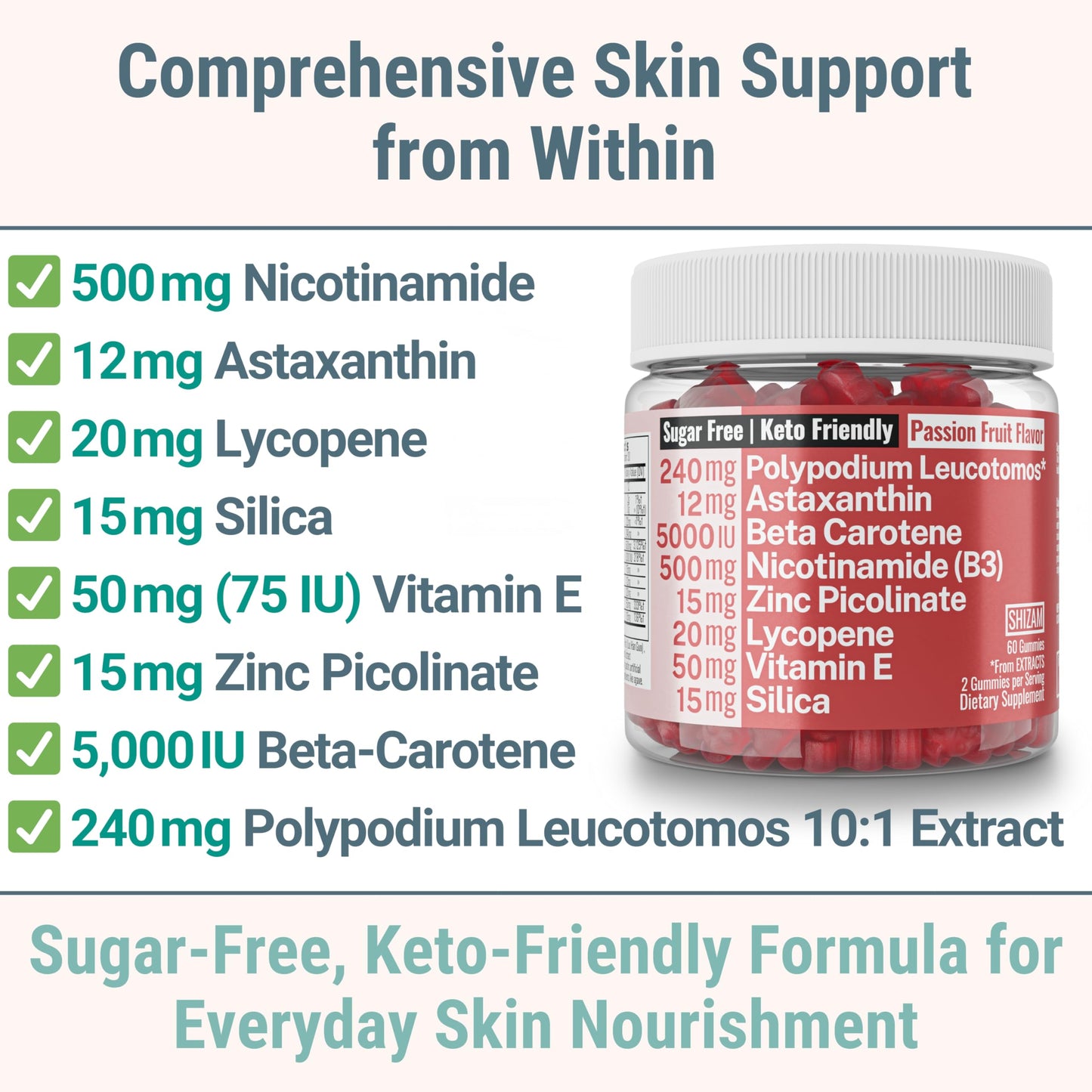 SHIZAM Astaxanthin Polypodium Leucotomos Zinc Picolinate Lycopene Vitamin E B3 Nicotinamide Silica Gummies 60 Count