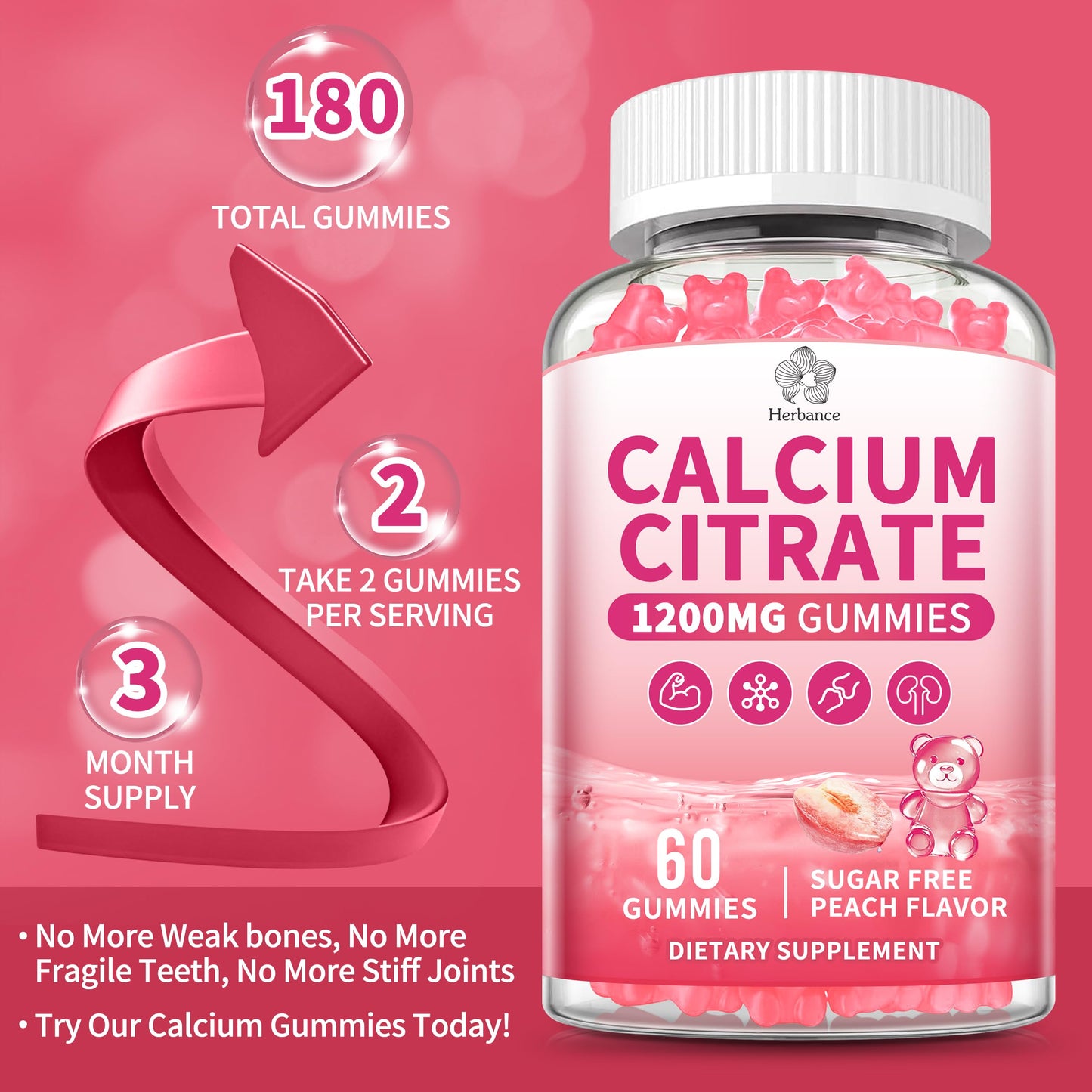 Herbance Calcium Citrate 1200 mg Gummies for Adults & Kids, 120 Gummies