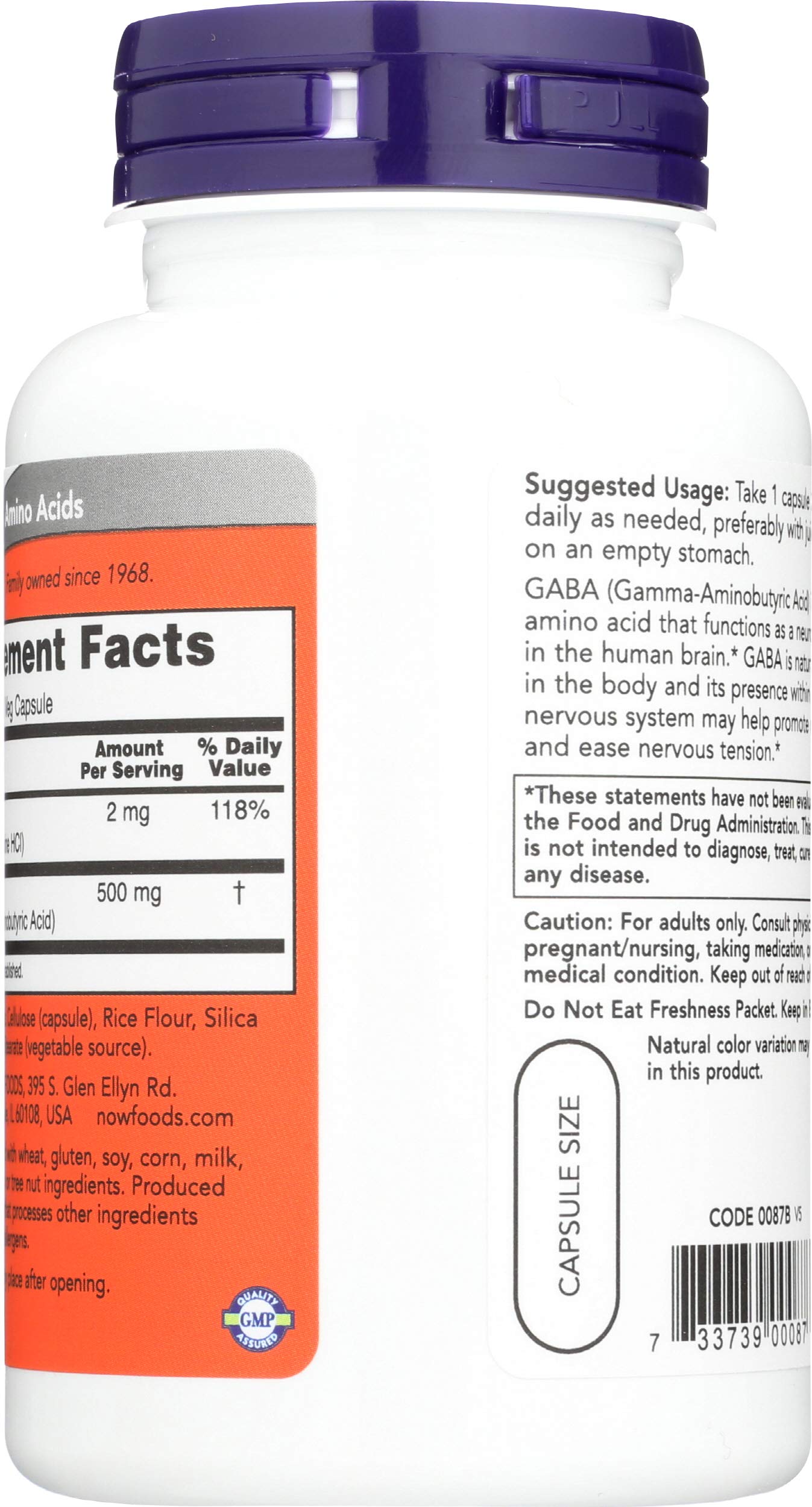 NOW Foods GABA 500 Mg Capsule, 100 Count