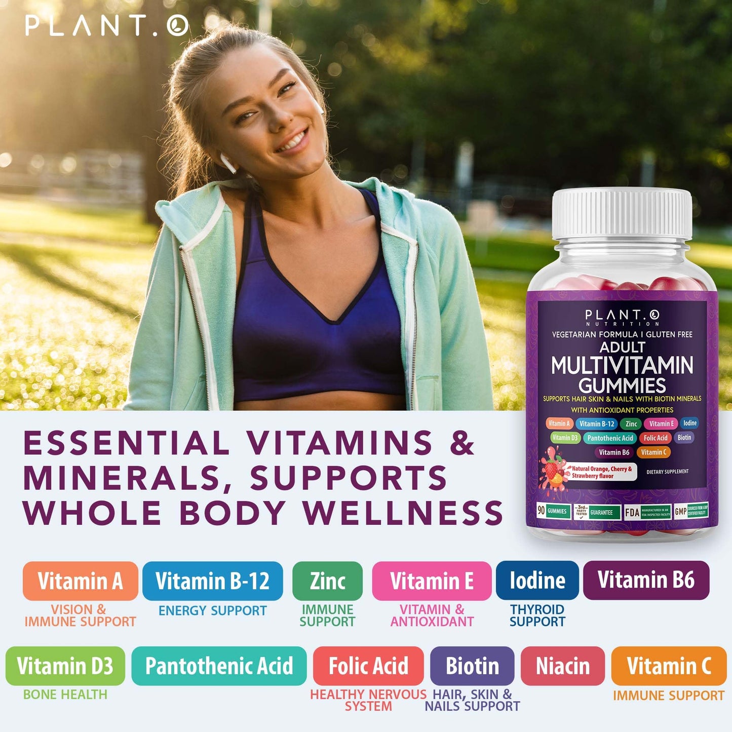 PLANT.O NUTRITION Complete Multivitamin Gummies for Adults – All-in-One Blend of Vitamin A B C D E Zinc and Biotin – 90 Gummies