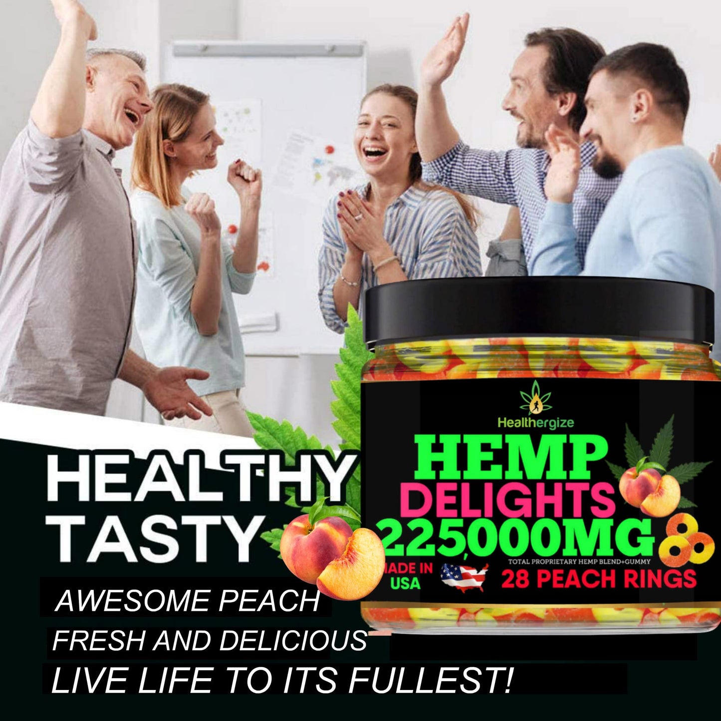 Healthergize Hemp Gummies for Deep Sleep Peach Rings Premium Hempseed Oil Gummy, 28 Count