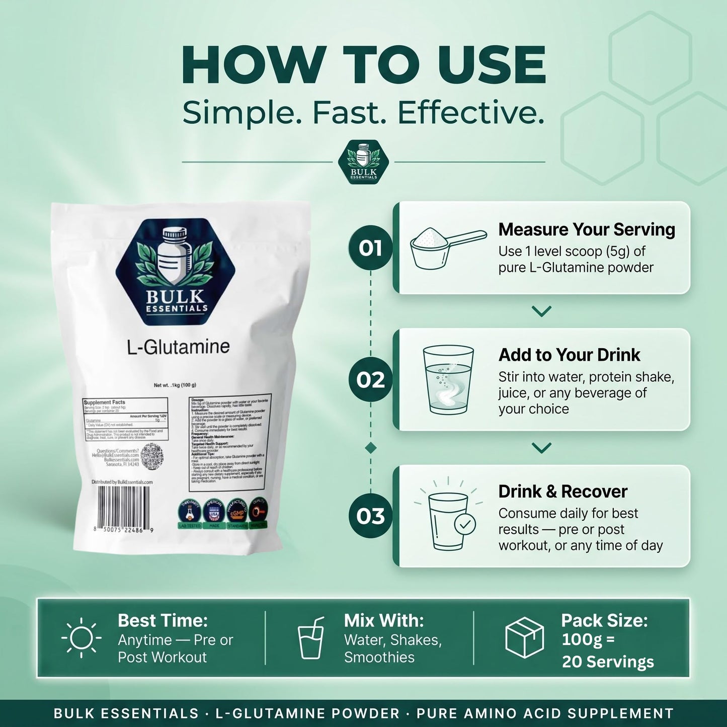 Bulk Essentials L-Glutamine Powder Supplement 3.52 oz