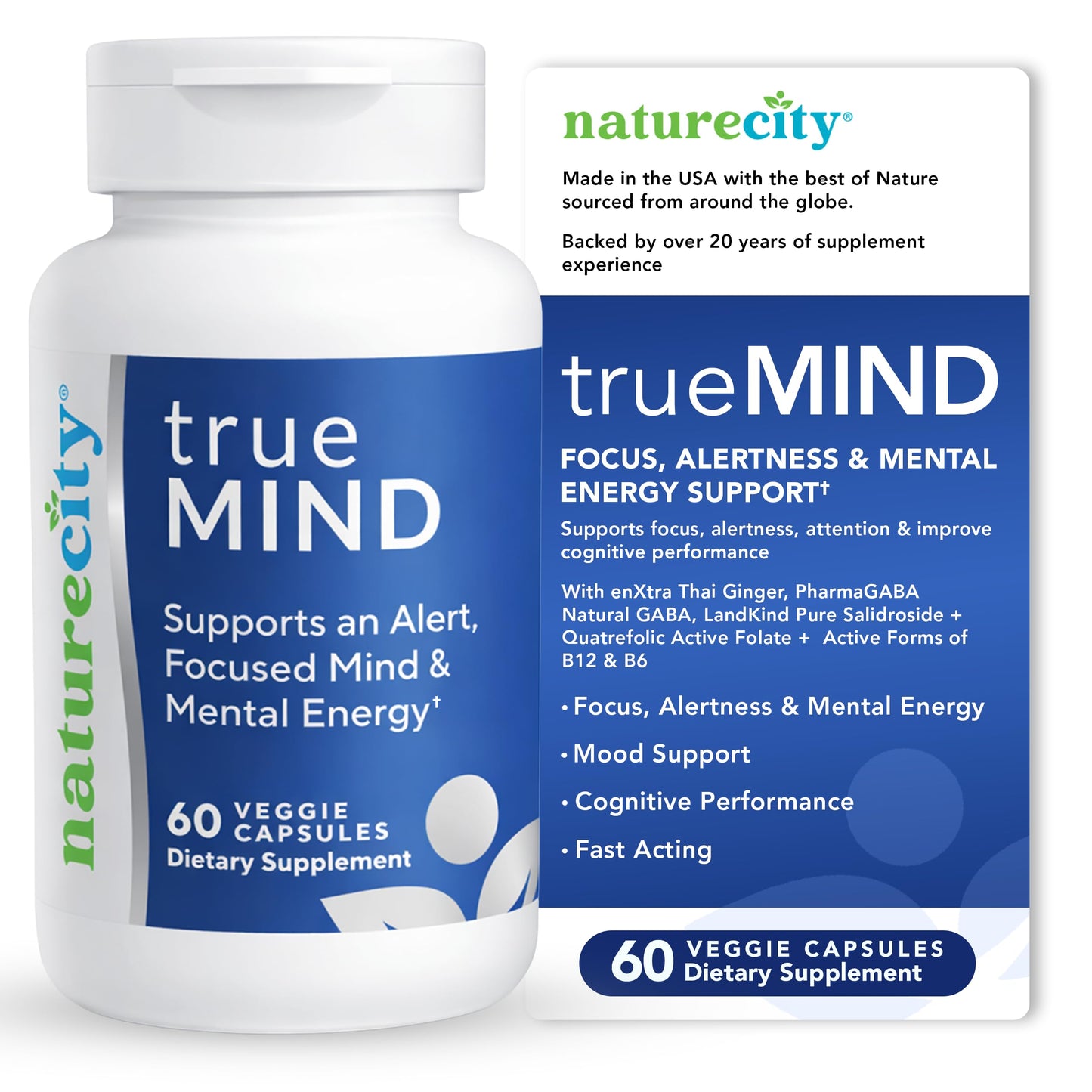NatureCity True-Mind Focus, Alertness & Stress Support Capsules, 60 Count