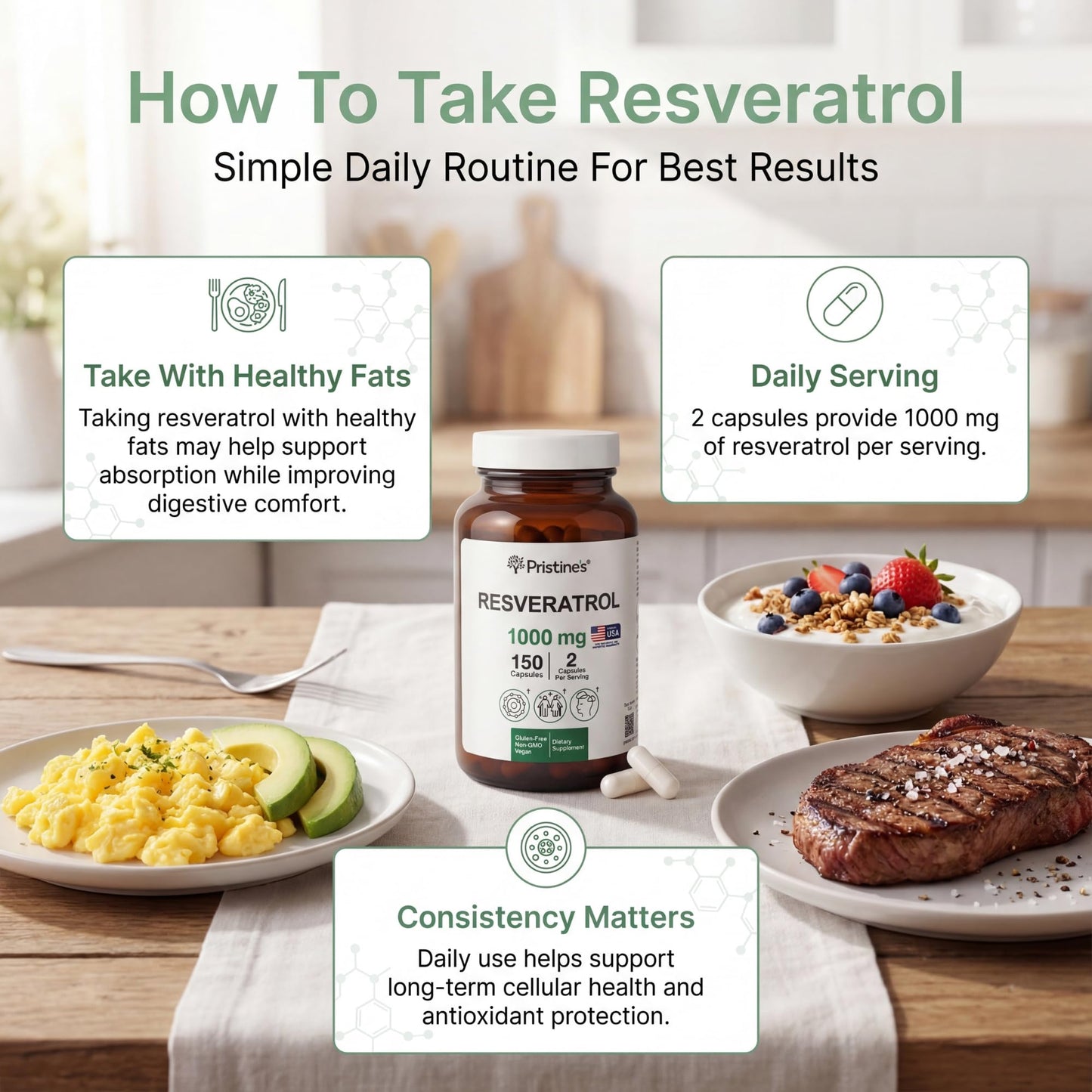 PRISTINE'S Resveratrol 500MG 75 Day Supply Anti Aging Antioxidant & Heart Health Supplement Capsules 150 Count