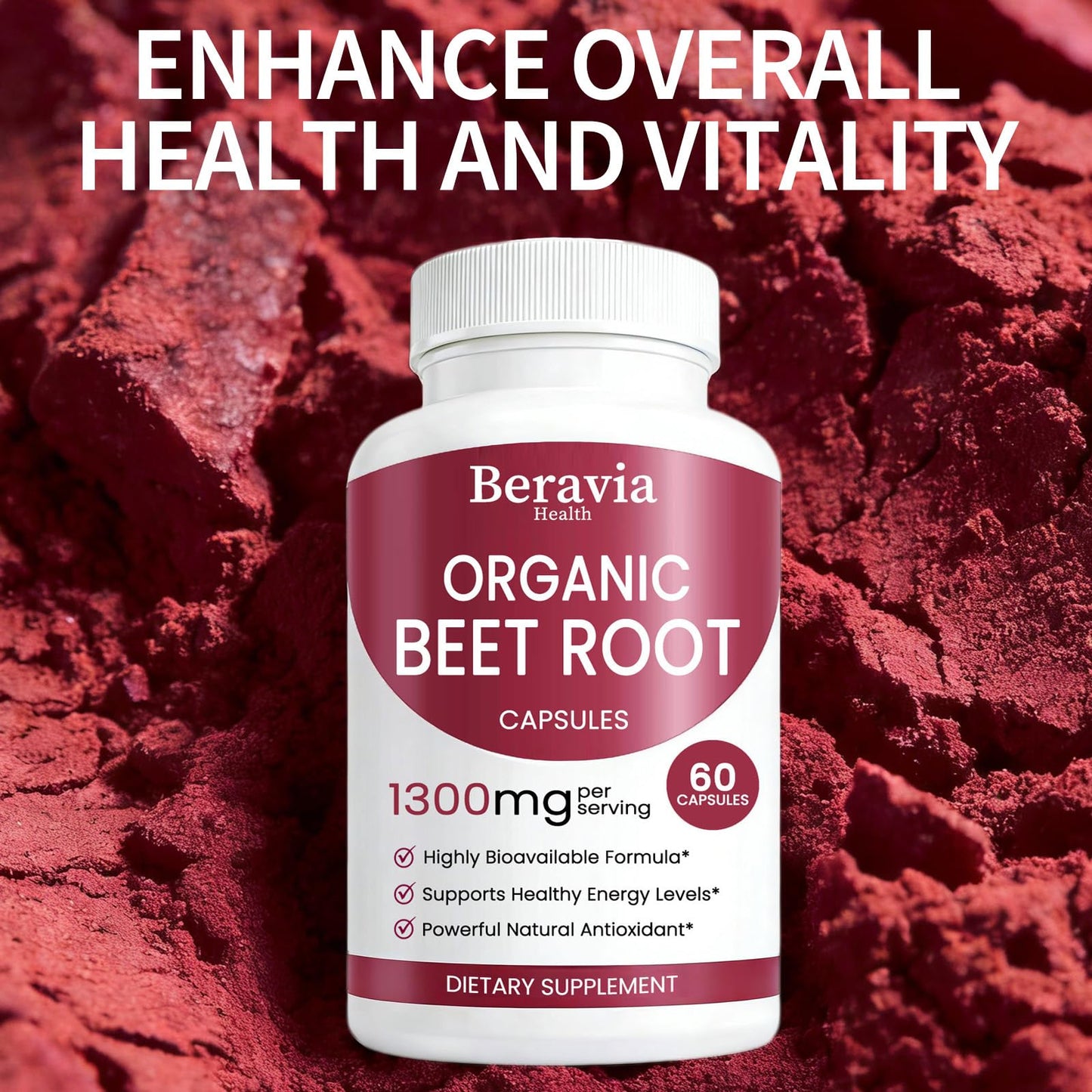 Beravia Health Organic Beet Root Capsules 1300mg, 60 Capsules, 2 Bottles