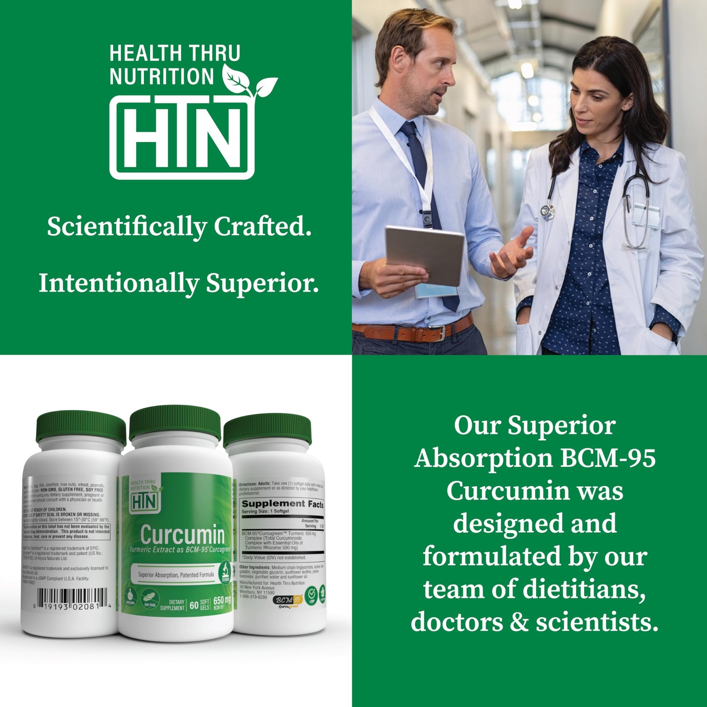 Health Thru Nutrition Curcumin 650mg BCM-95 Curcugreen Turmeric Curcumin Complex High Absorption Healthy Inflammation Response Clinically Studied 3rd Party Tested Non-GMO 60 Capsules