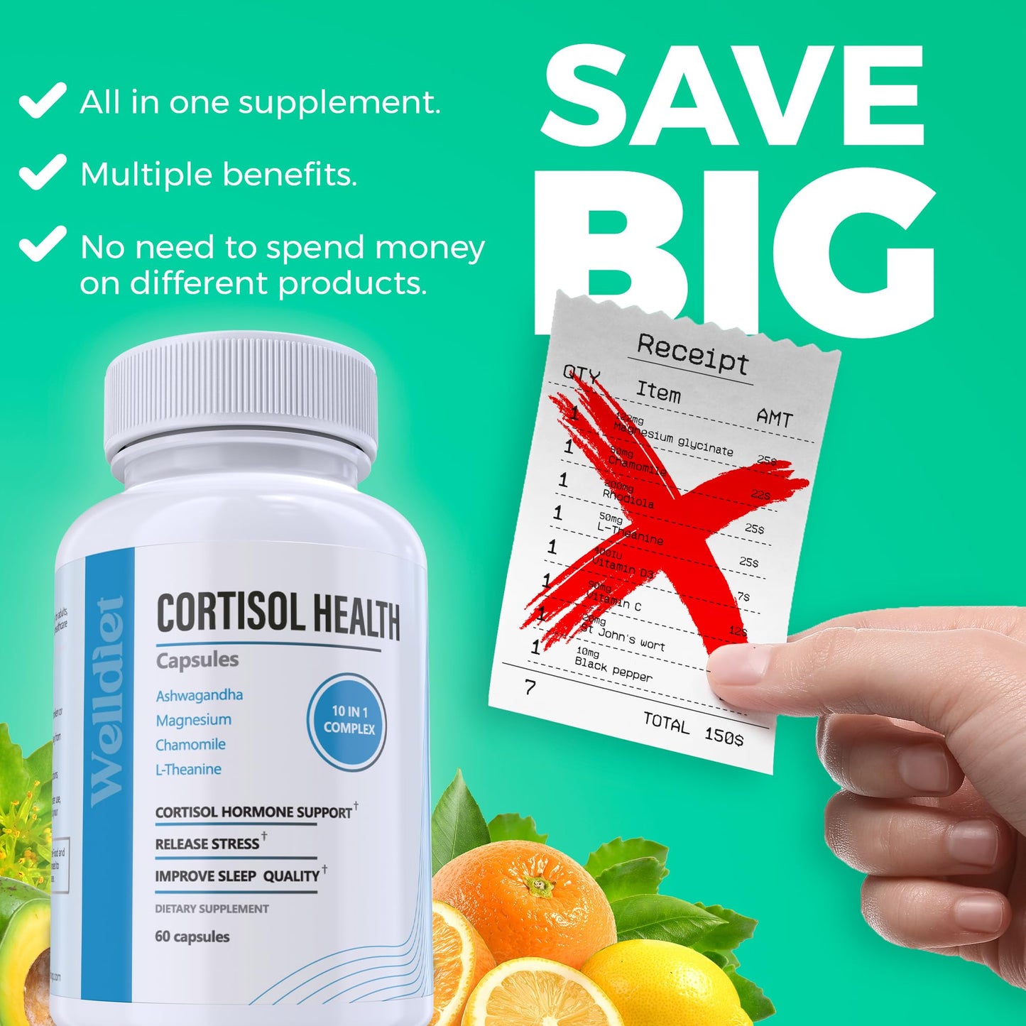 Welldiet 10-in-1 Cortisol Supplements with Magnesium, Ashwagandha, Chamomile, L-Theanine, St. John's Wort, Rhodiola Capsules, 60 Capsules