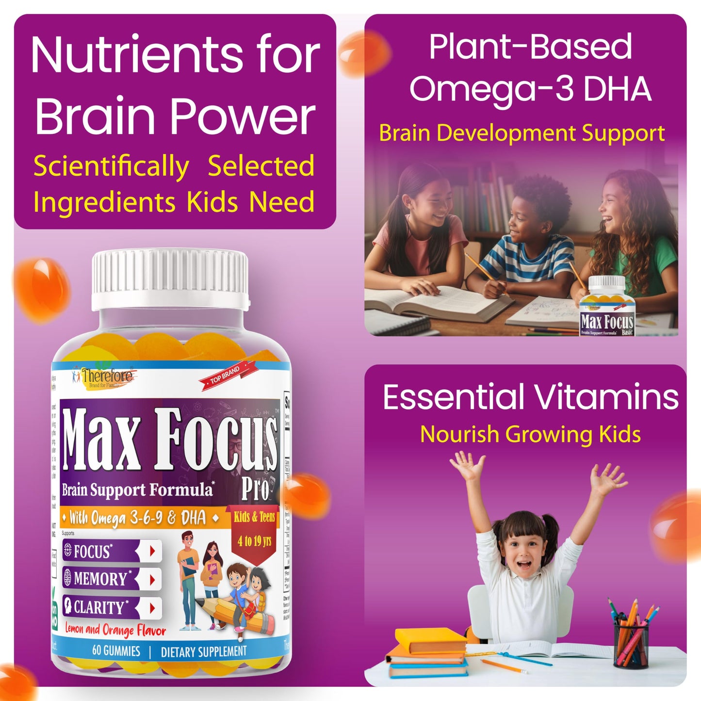 Therefore Max Focus Gummies with Omega-3 DHA for Kids & Teens, 60 Gummies