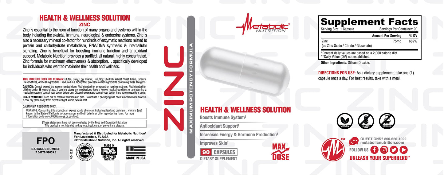 Metabolic Nutrition Zinc Supplement 75mg Capsules, 90 Count