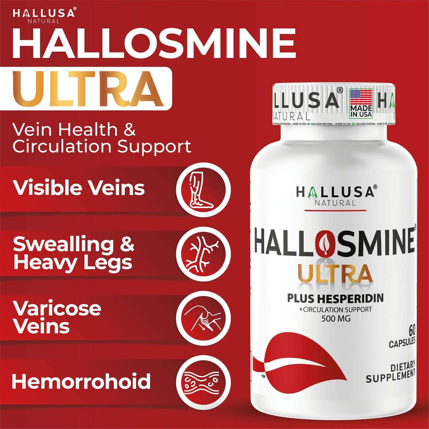 Hallusa Natural Hallosmine Ultra Diosmin 500mg & Hesperidin 150mg Leg Circulation & Vein Support Capsules, 120 Count