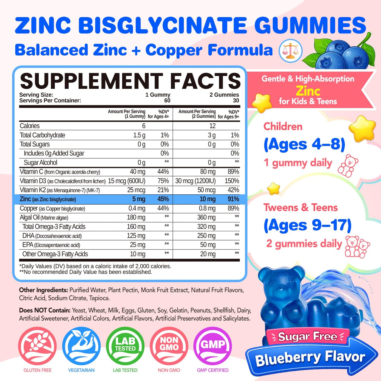 NATISLAND Zinc Bisglycinate Gummies for Kids & Teens 4+ - 60 Count