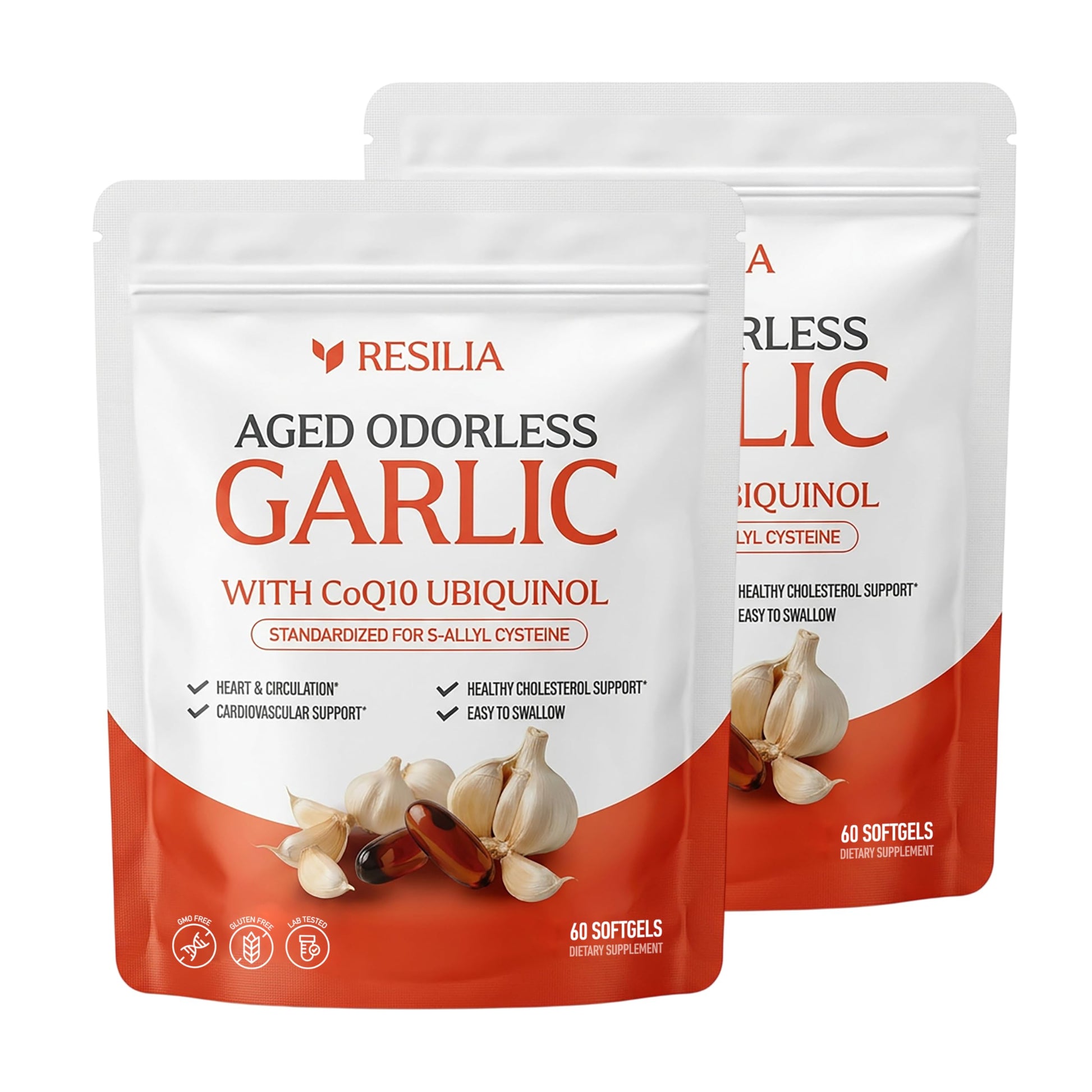 Resilia Odorless Aged Garlic Extract 1200 mg Capsules with CoQ10 Ubiquinol and Vitamin K2 (as MK-7), 20-Month Matured Garlic, 120 Capsules