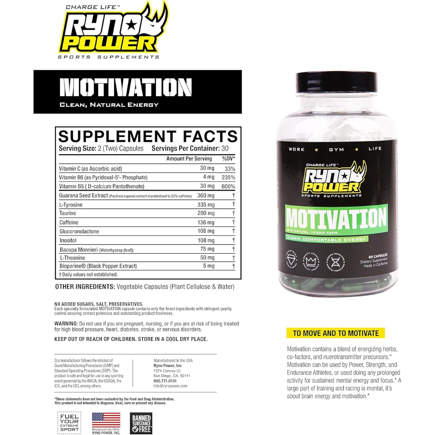 Ryno Power Motivation Pre-Workout Focus Energy Supplement Capsules, 60 Count