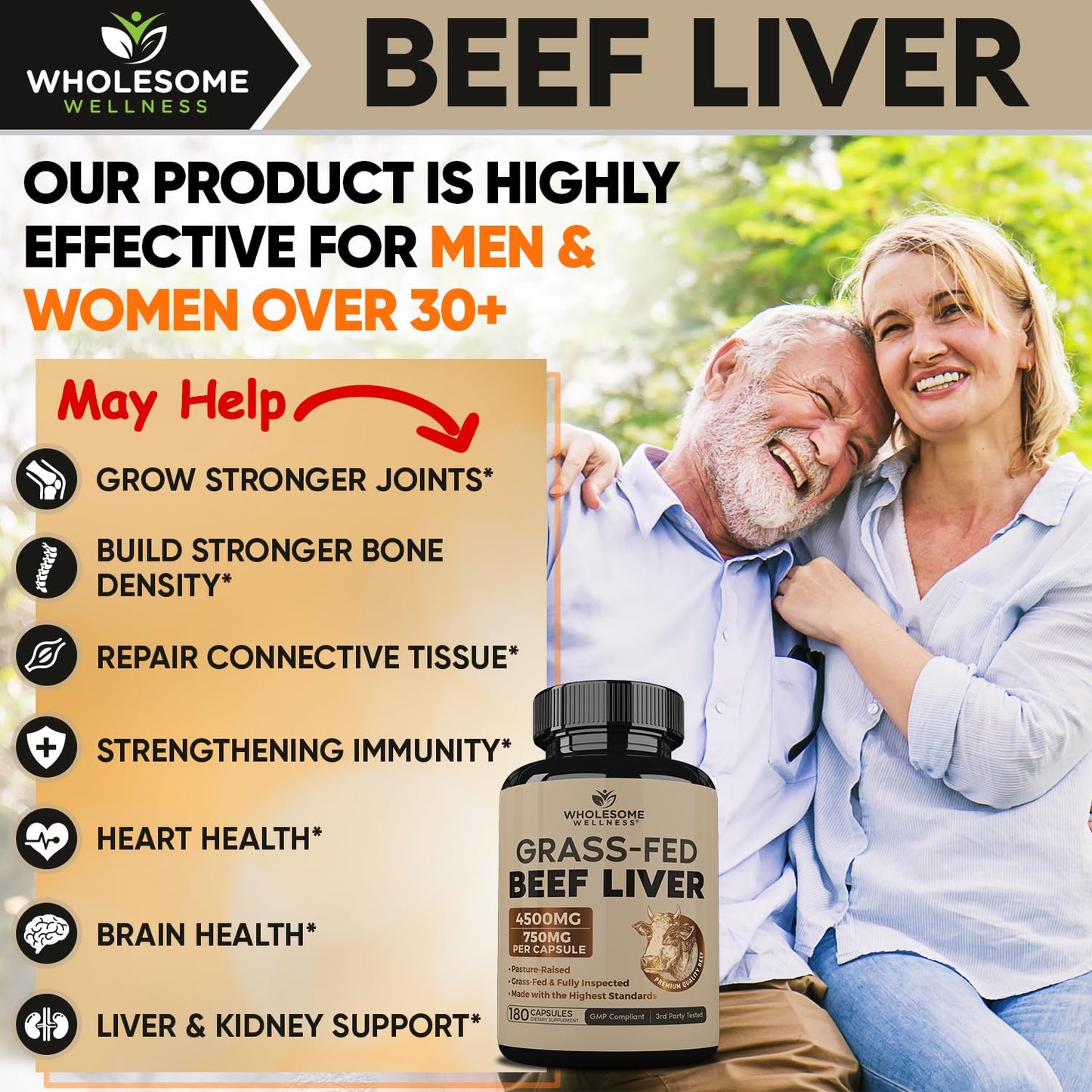 Wholesome Wellness Grass Fed Desiccated Beef Liver Capsules (750mg Each) 180 Count