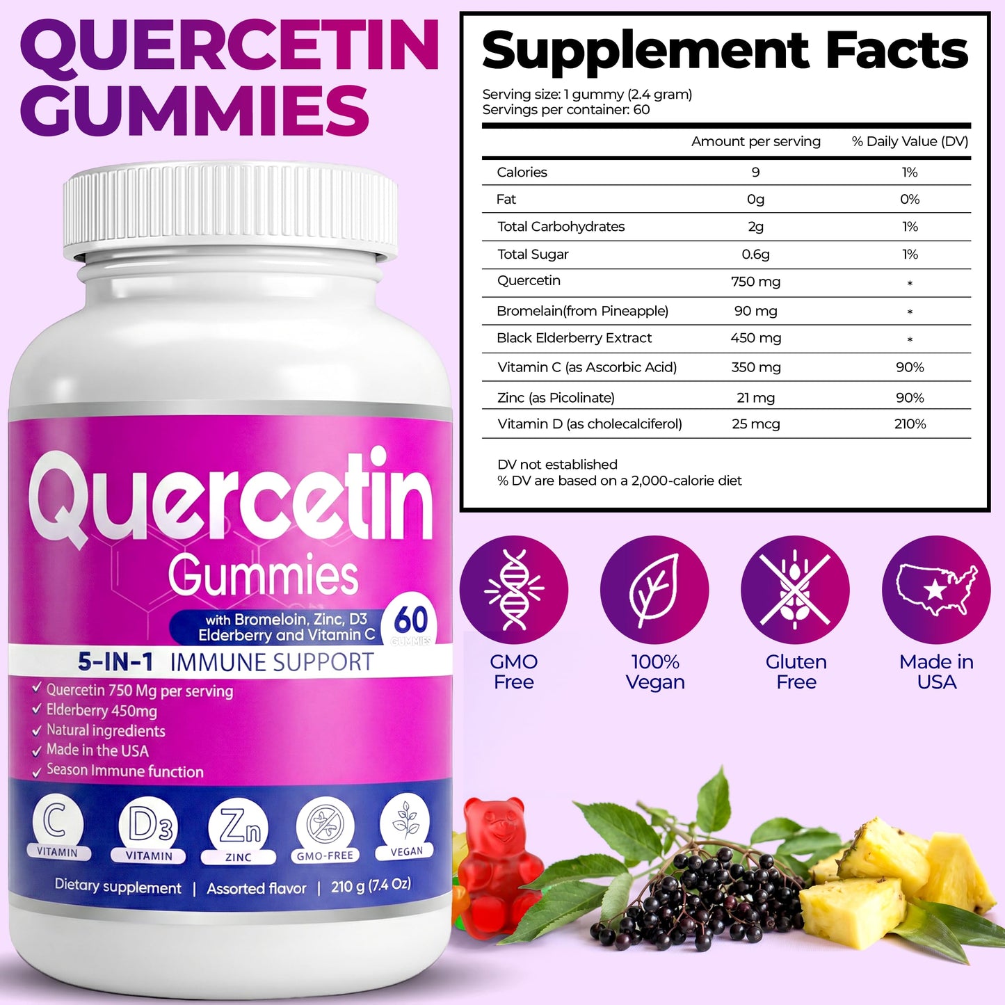 BIO VITALICA Quercetin Gummies with Bromelain, Vitamin C, Zinc, Elderberry & Vitamin D3-5 Immune Support, 120 Gummies