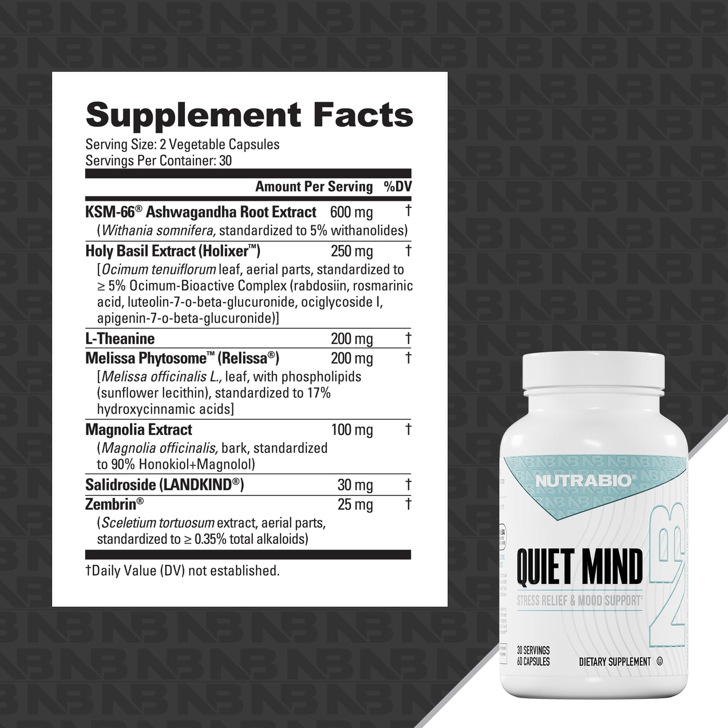 NutraBio Quiet Mind Stress Relief Mood Support Calm Supplement with Ashwagandha and L-Theanine, 60 Capsules