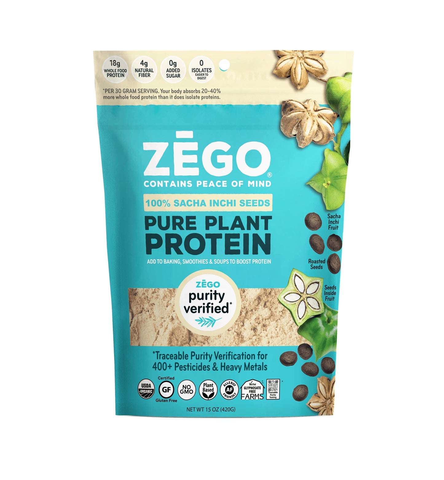 ZEGO Organic 100% Sacha Inchi Seed Protein Powder, 15 oz