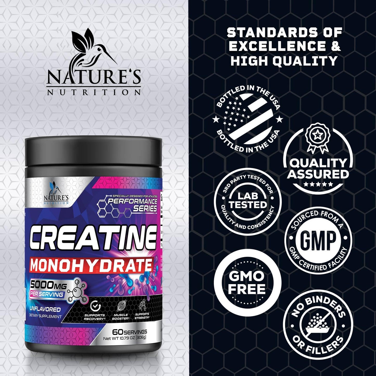 Nature's Nutrition Creatine Monohydrate Micronized 5000mg Per Serving - Performance Powder Creatine Nutritional Supplement - For Muscle Strength & Energy Support, Unflavored Monohydrate Powder - USA Bottled - 60 Servings
