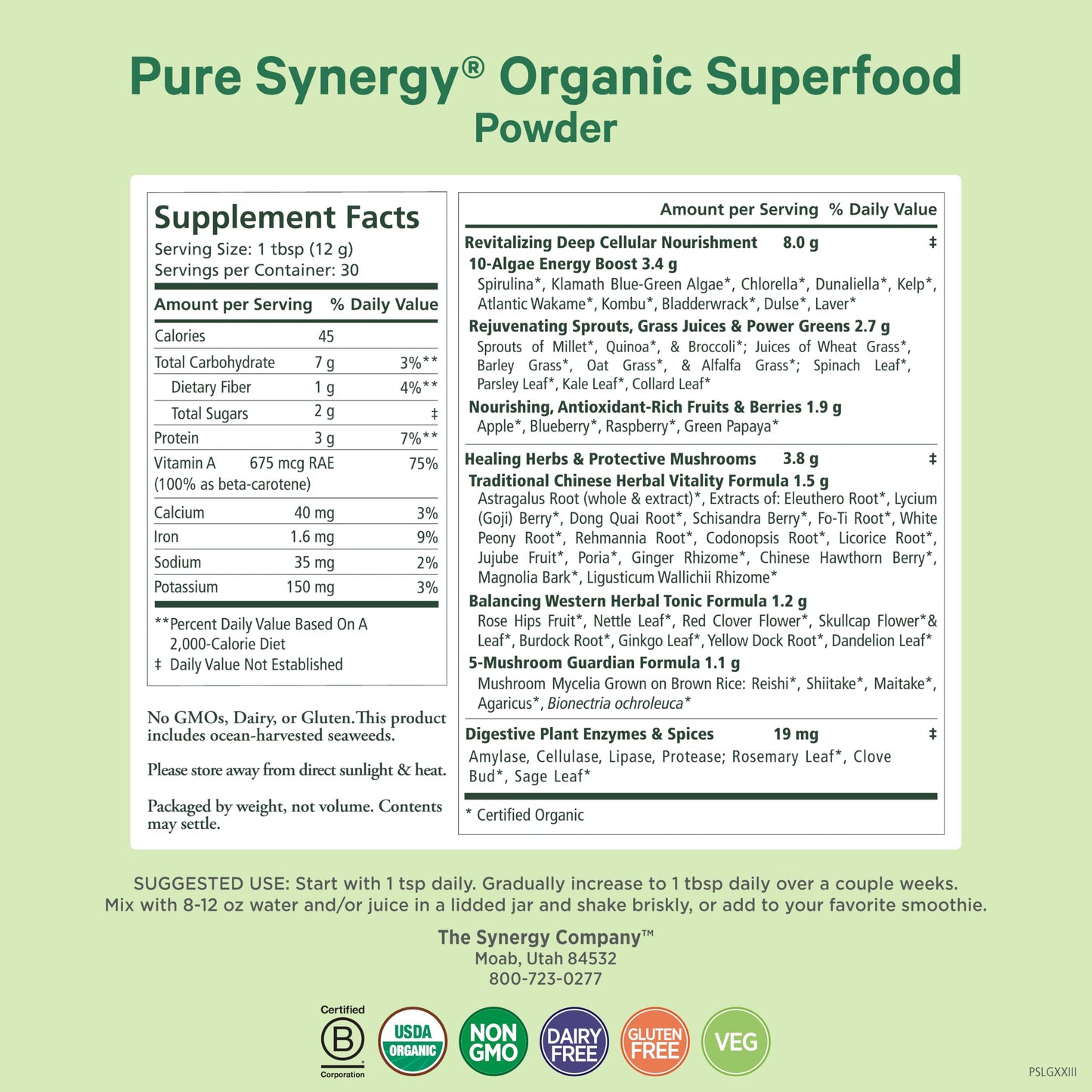 PURE SYNERGY Organic Superfood Powder 12.5 oz