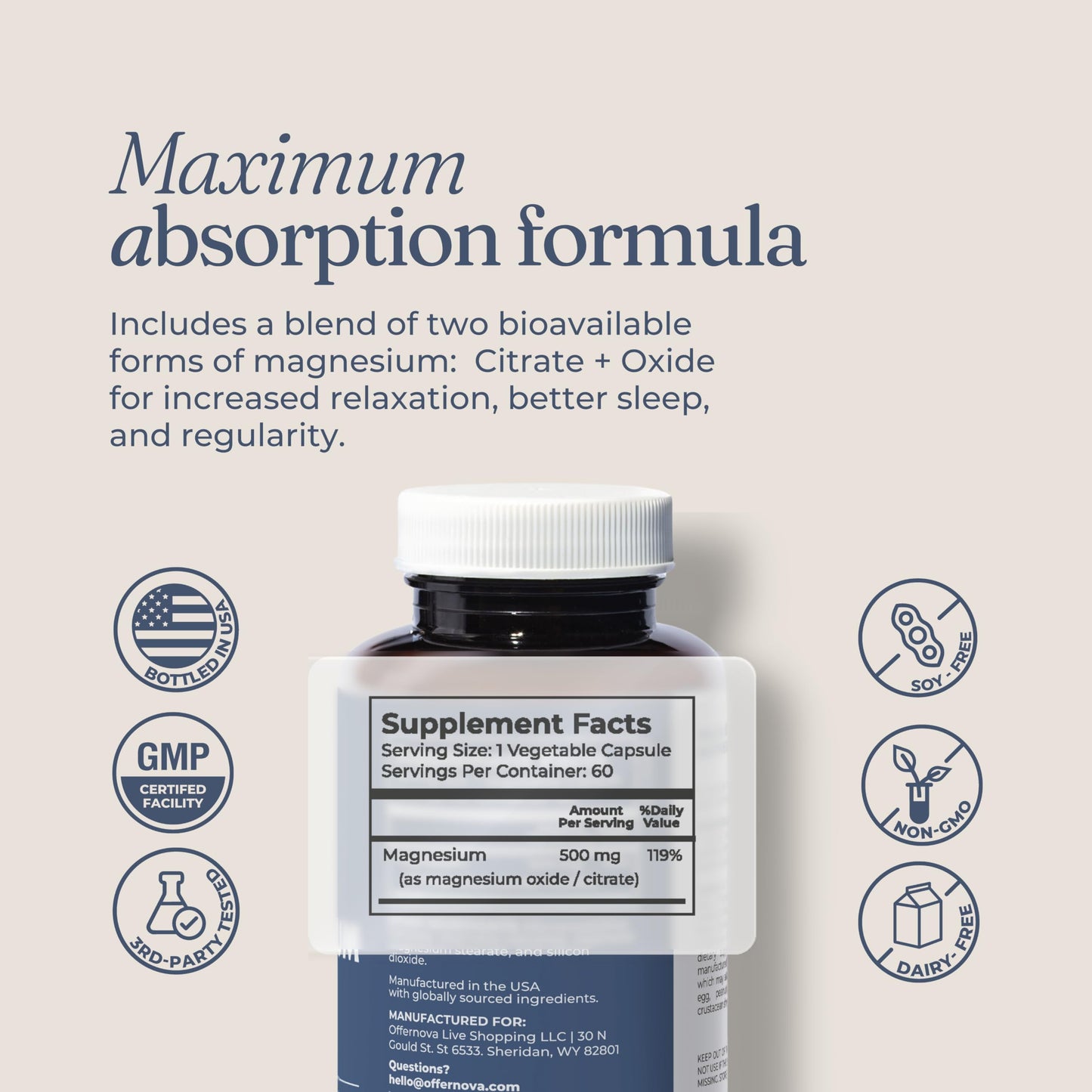 Offernova Magnesium Ultra High Absorption 500mg Vegan Magnesium Citrate & Oxide Capsule, 60 Count