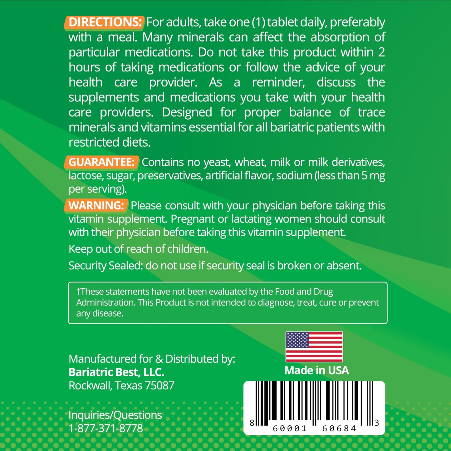 Bariatric Best Supplements Bariatric Multivitamin with Iron for Post-Gastric Bypass & Sleeve Surgery, 90 Tablets