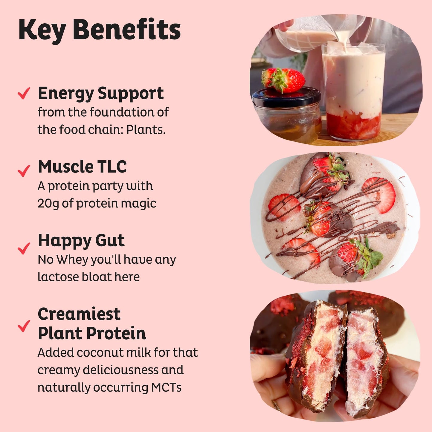KOS Vegan Protein Powder Strawberries & Cream, USDA Organic - Low Carb Pea Protein Blend, Plant Based Superfood with Vitamins & Minerals, Gluten Free - 28 Servings, 38.5 oz