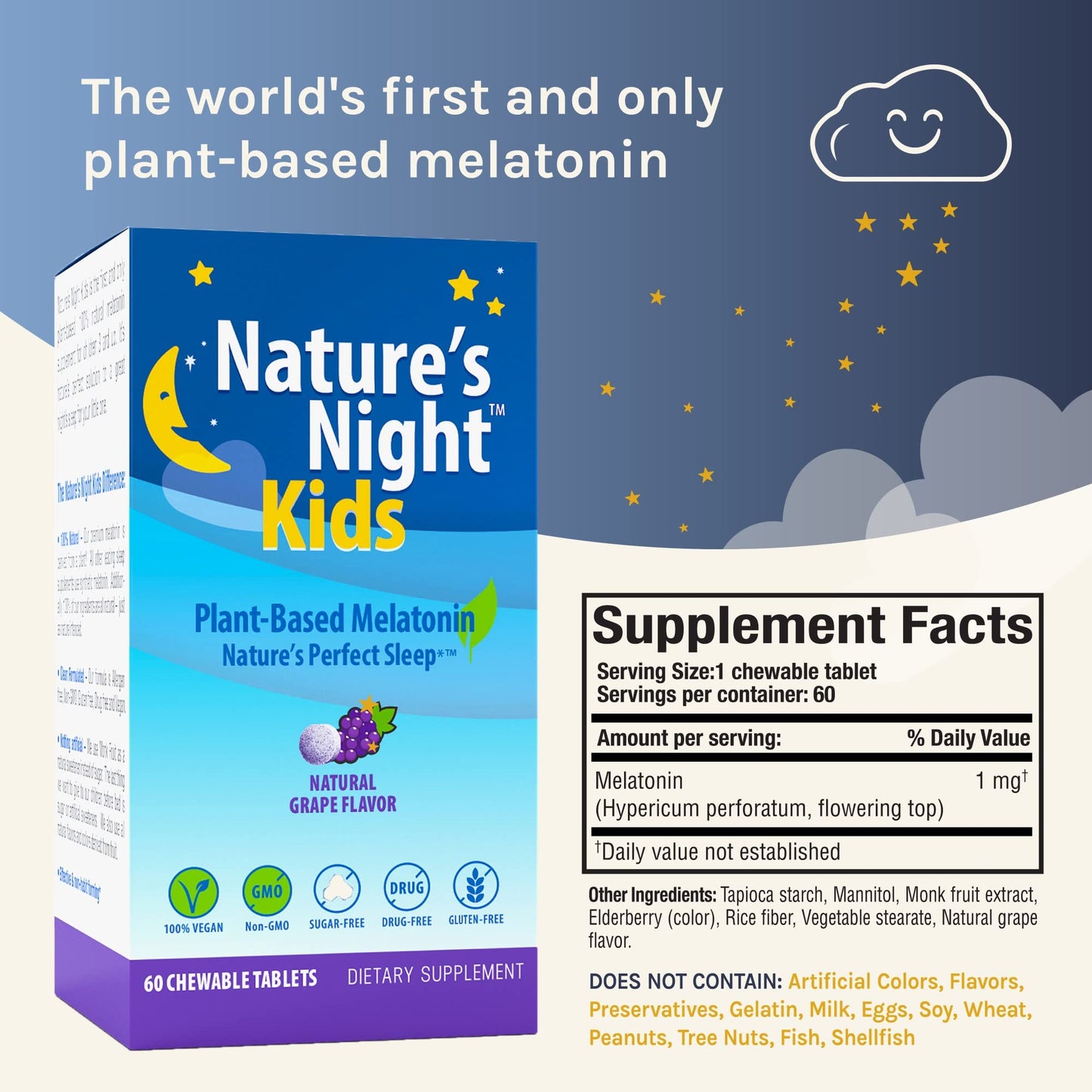 Nature's Night Kids Plant Based Melatonin 1MG Chewable Tablet 60