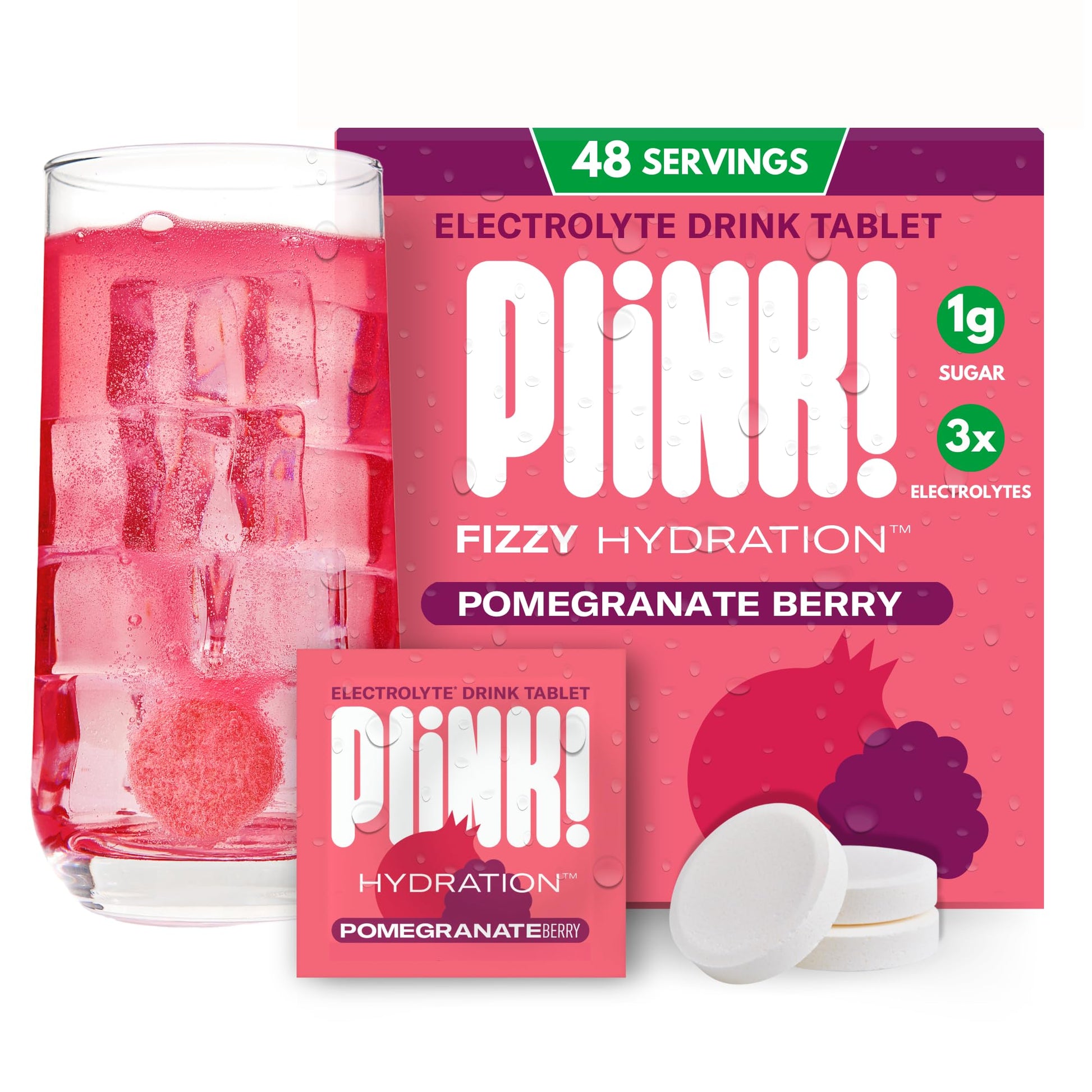 Plink Fizzy Electrolyte Tablets for Adults & Kids – Pomegranate Berry, 48 Tablets