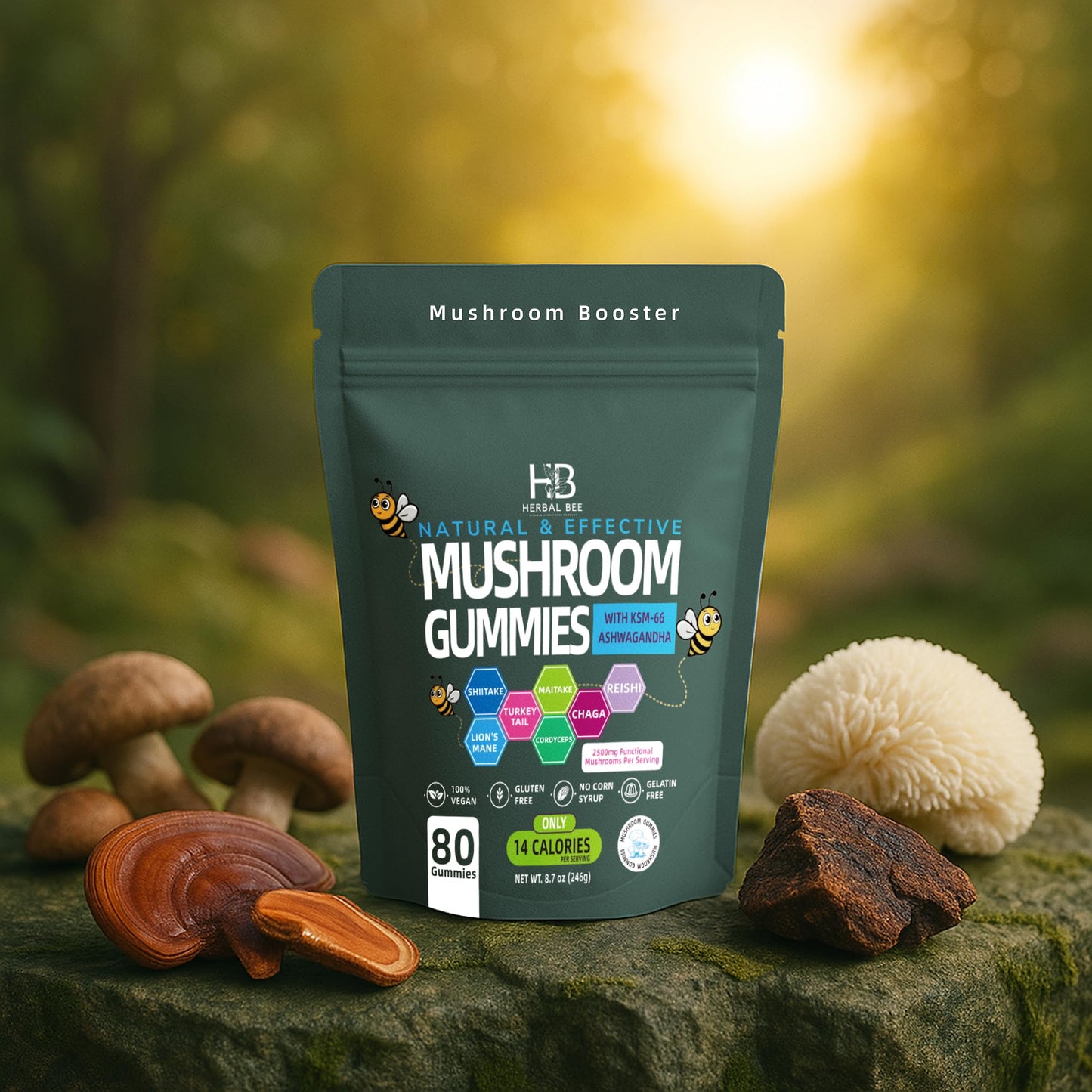 Herbal Bee Organic Ashwagandha & Lions Mane Mushroom Gummies 80
