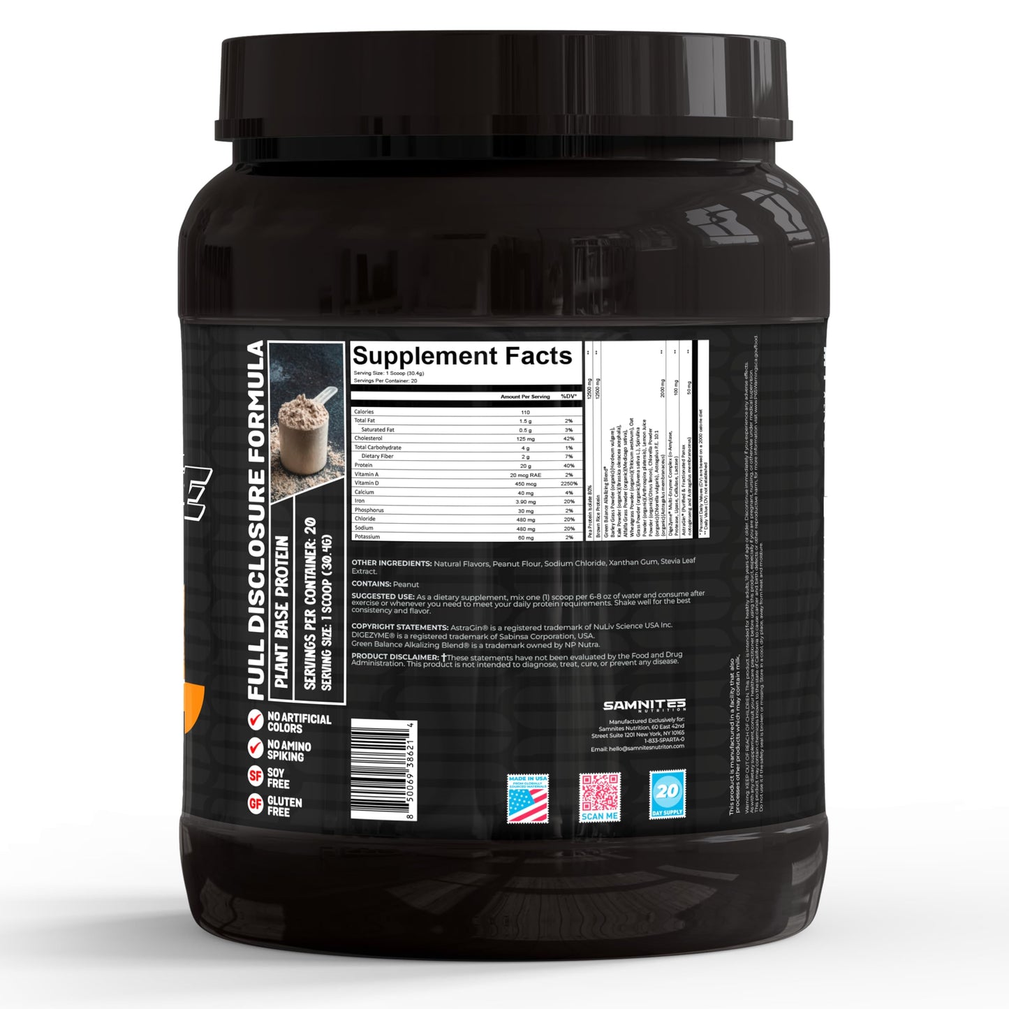 Samnites Nutrition Plant Base Protein Powder Peanut Butter Cookie Flavor, Natural with AstraGin, 20g Protein, 1.9 Pound, Gluten Free, Soy Free