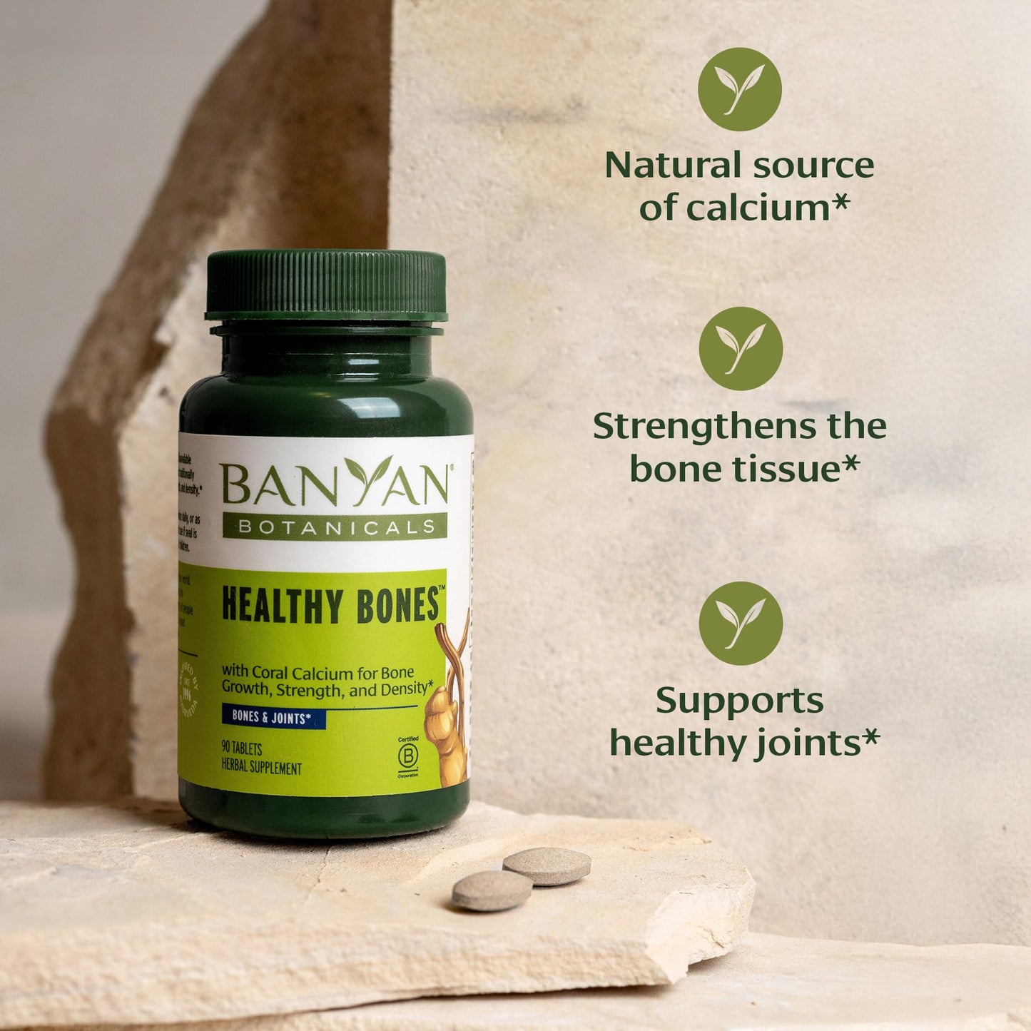 Banyan Botanicals Organic Healthy Bones – Ethical Coral Calcium & Bone Density Supplement – with Ashwagandha & Arjuna for Skeletal Strength & Joint Support, Non-GMO, 90 Tablets