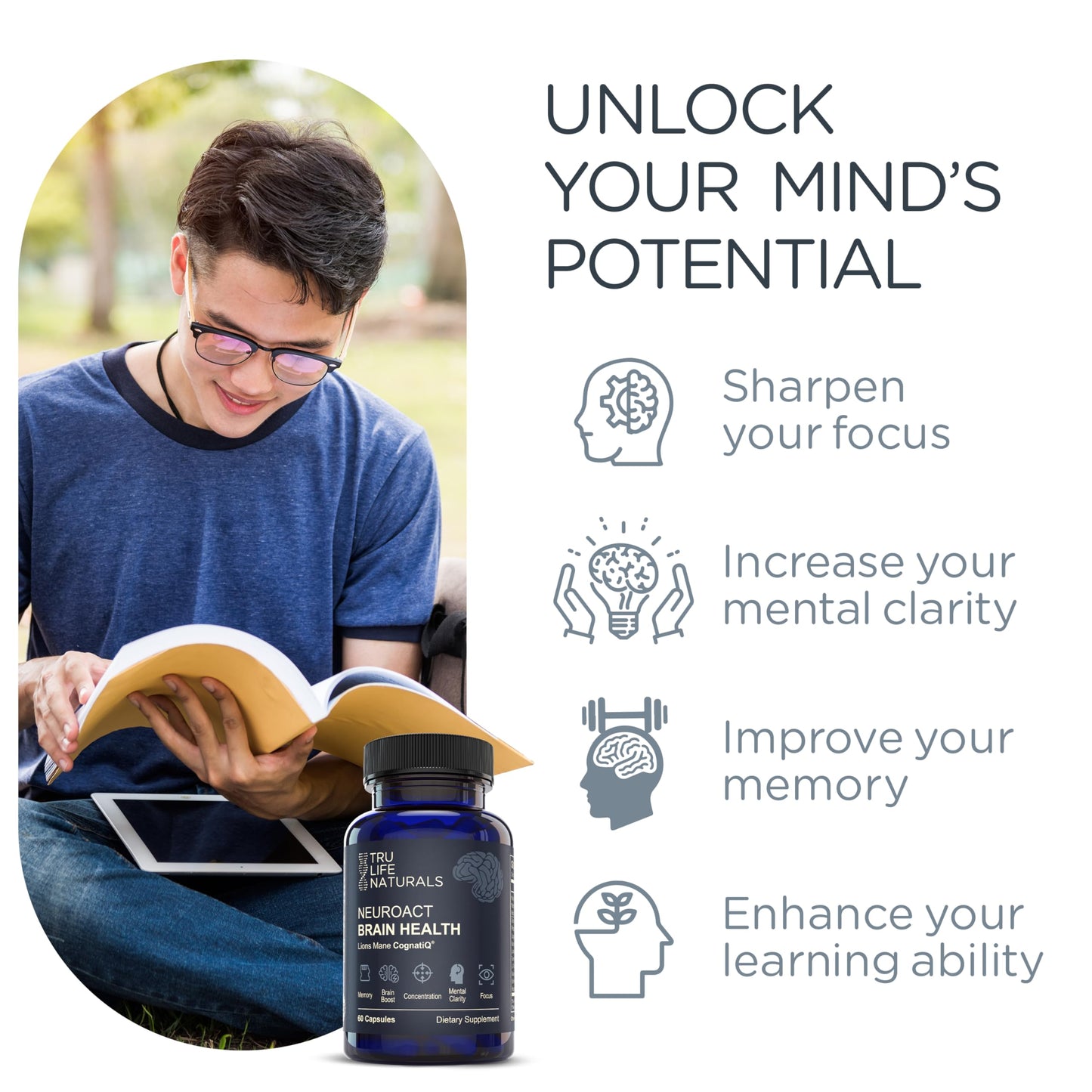 TRULIFE NATURALS NEUROACT Brain Health Memory, Focus, Concentration, Mental Clarity with CognatiQ, Vitamin B3 & B6 Capsule, 60 Capsules