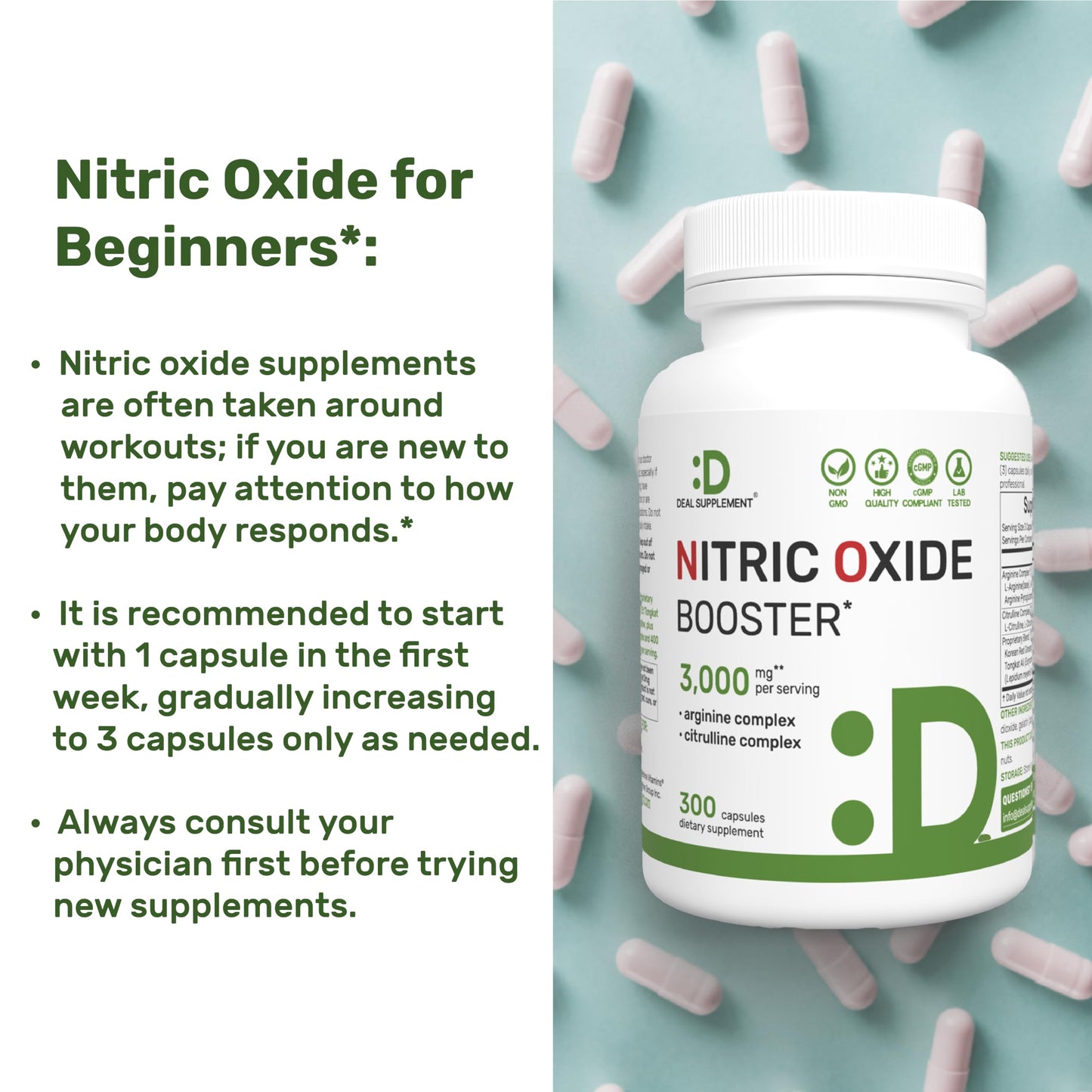 DEAL SUPPLEMENT Nitric Oxide Supplement 3,000mg Capsule, 300 Count