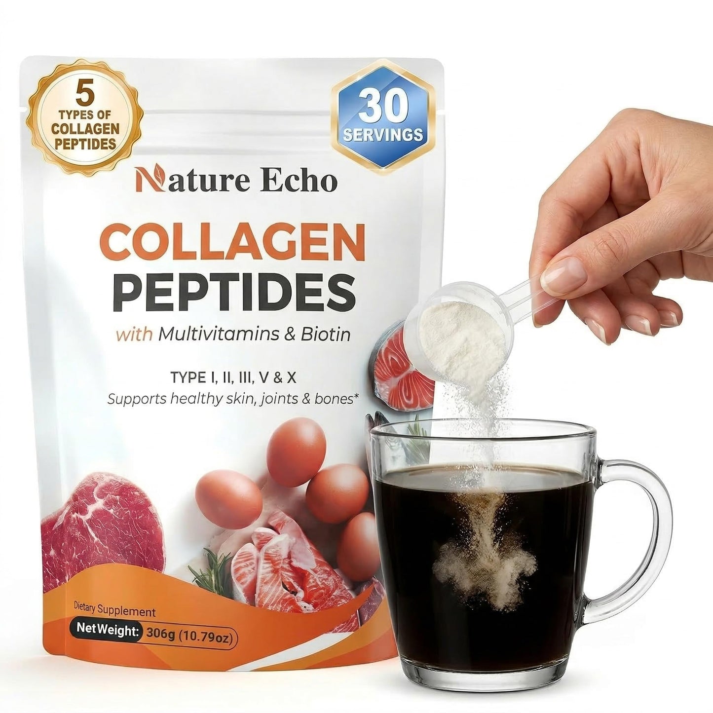 Nature Echo Multi Collagen Peptides Powder 11-in-1 with Biotin Hyaluronic Acid Unflavored, 10.79 Ounce