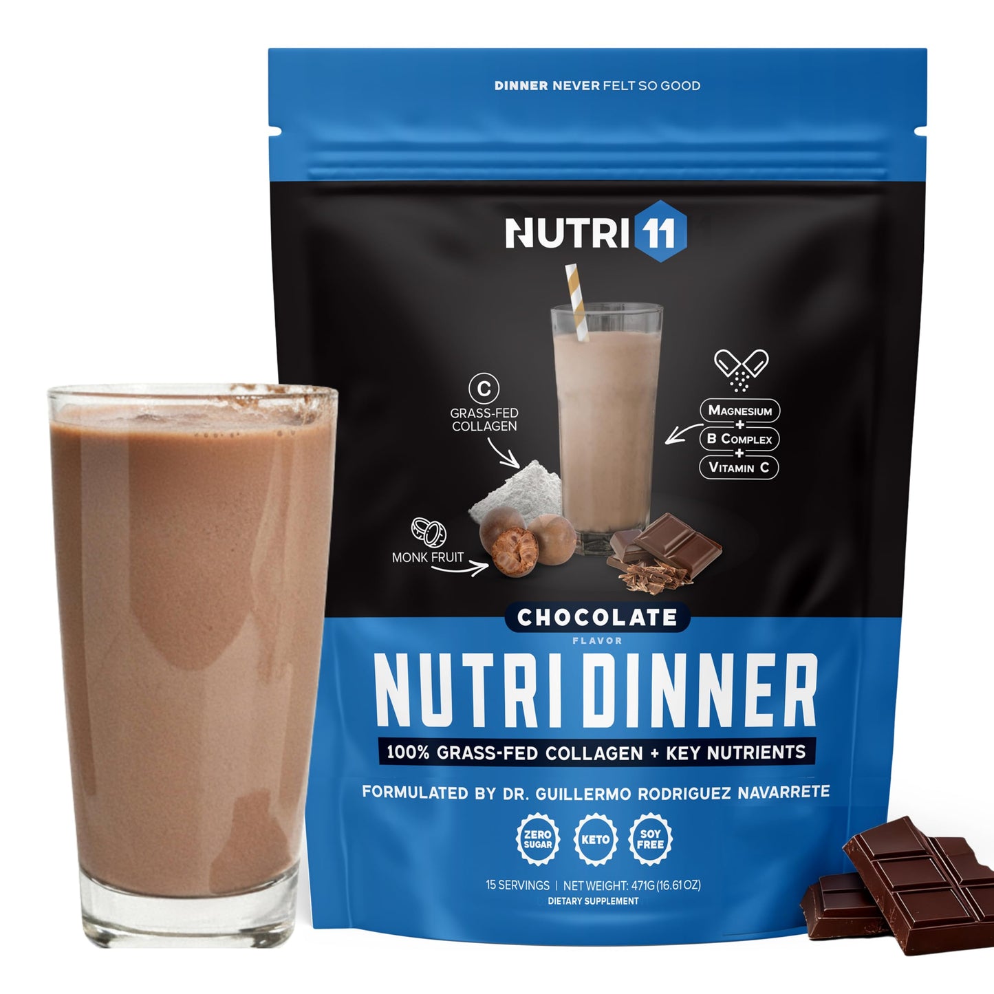 Nutri11 NutriDinner Grass-Fed Collagen Protein Powder with Magnesium, B-Vitamins & Monk Fruit – Nighttime Collagen Peptides Drink for Sleep, Recovery & Wellness, Sugar-Free, 1.07 lb