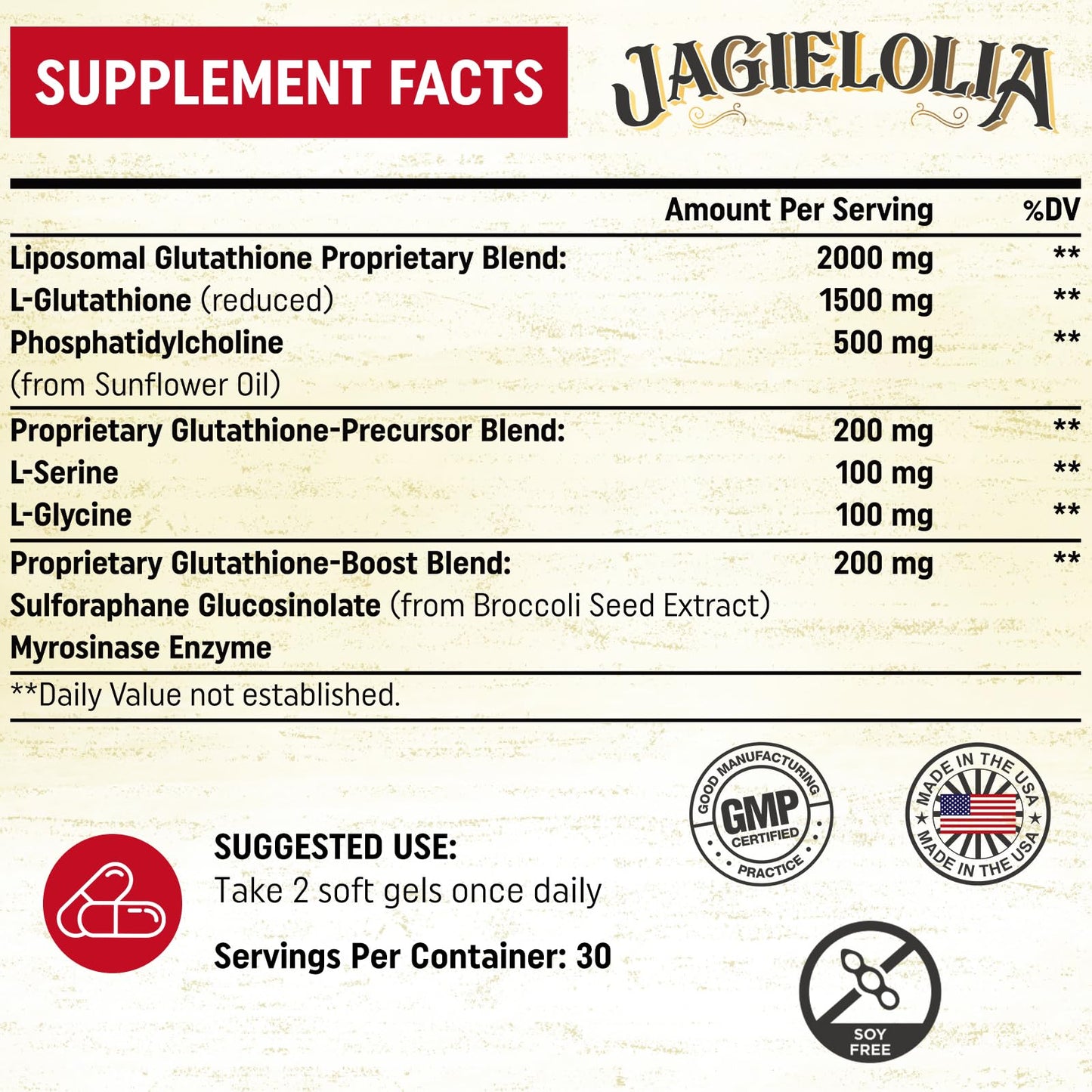 Jagielolia Liposomal Glutathione 2000 mg with L-Serine, L-Glycine & Sulforaphane – Active L-Glutathione Unique Formulation to Enhance Absorption, 360 Softgels