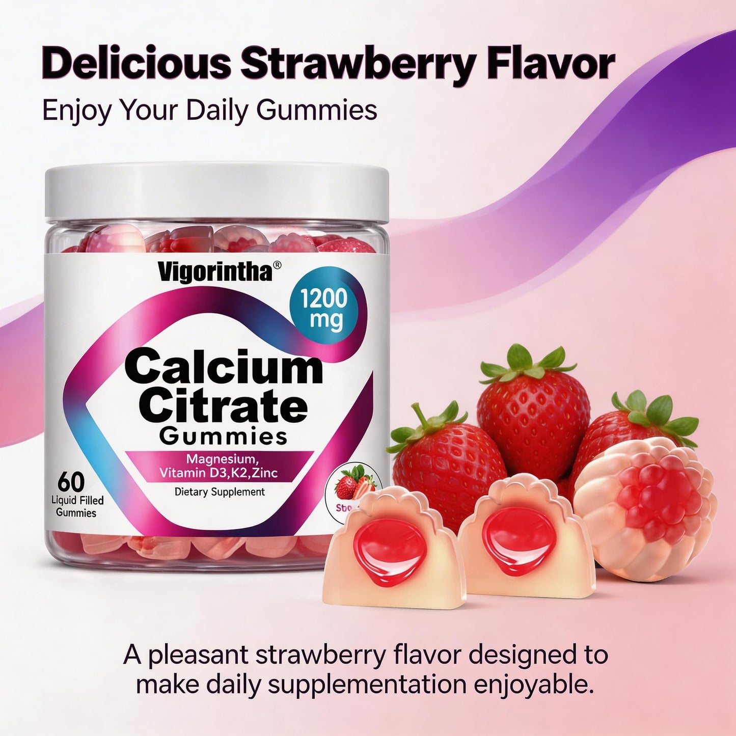 Vigorintha Calcium Citrate Gummies 1200mg with Magnesium, Vitamin D3, K2, Strawberry Flavor, 120 Gummies