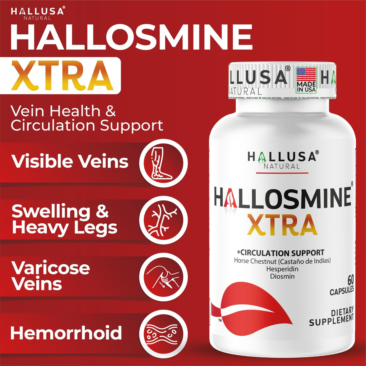 Hallusa Natural Hallosmine Xtra 850mg Diosmin, Hesperidin & Horse Chestnut Supplement for Leg Circulation & Vein Support, 60 Capsules