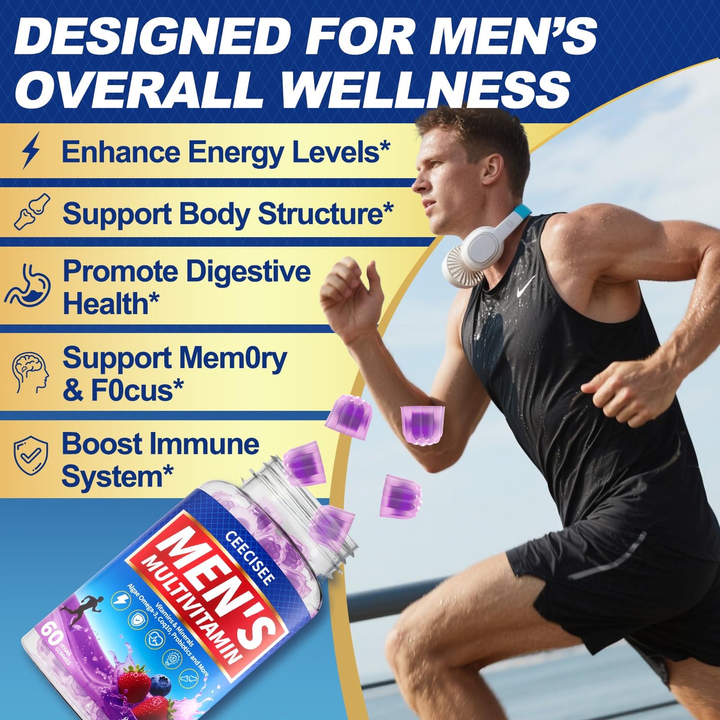 Ceecisee Men’s Methylated Multivitamin Gummies, Chewable Multivitamins for Men with Omega Probiotic, Magnesium, Zinc, B12 & D3 - No Iron Daily Immune & Energy Support, 120 Gummies