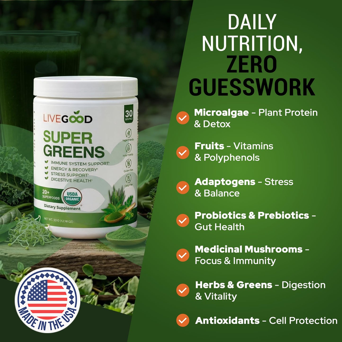 LIVEGOOD Daily Greens Organic Blend for Digestion & Focus – Super Greens Supplement Powder, 12.38 oz