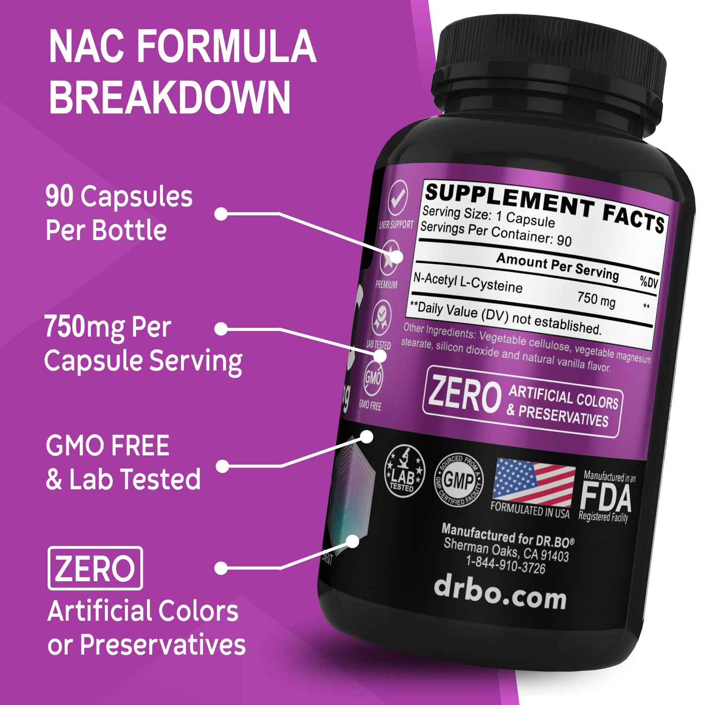 DR. BO NAC Supplement N-Acetyl Cysteine Capsules - 750mg, 90 Capsules