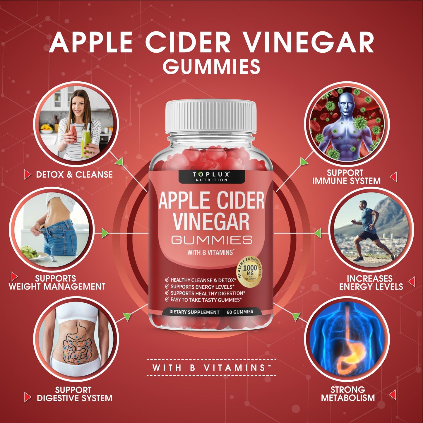 Toplux Apple Cider Vinegar Gummies - 1000mg ACV with B12, Beet Root, Pomegranate, Detox & Immune Support, 60 Gummies
