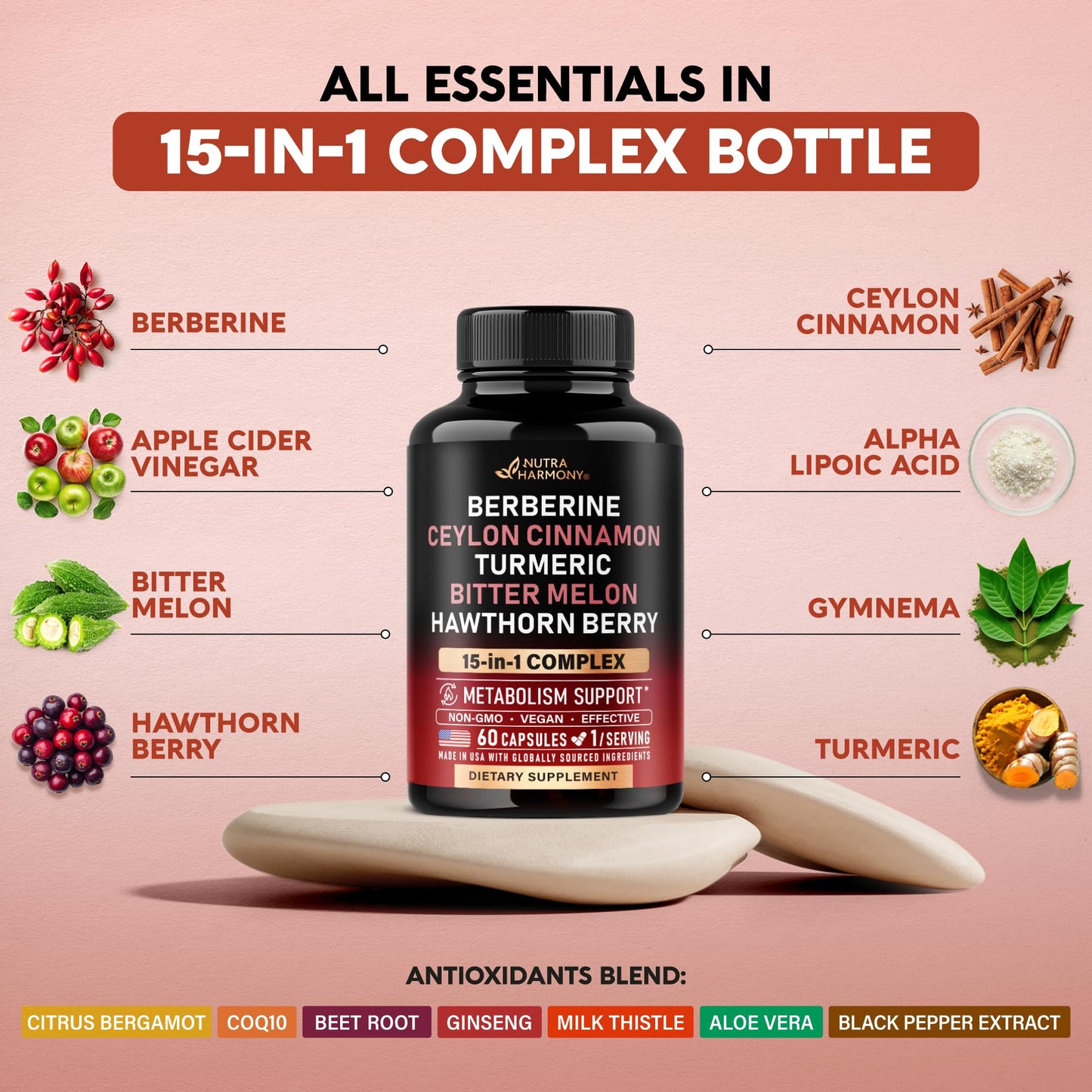 NUTRAHARMONY Berberine with Ceylon Cinnamon, Bitter Melon (Karela), Apple Cider Vinegar, Hawthorn Berry, Citrus Bergamot, Turmeric - 15in1 Heart Metabolism & Energy Support Capsules, 60 Count